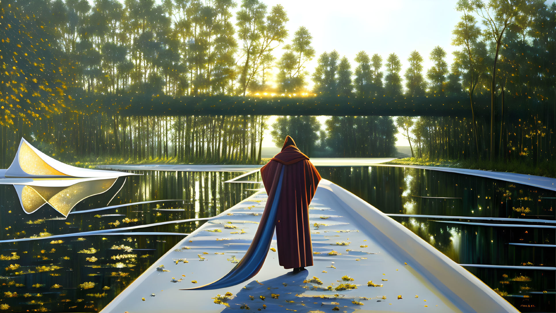 Cloaked figure on futuristic boat in serene waterway