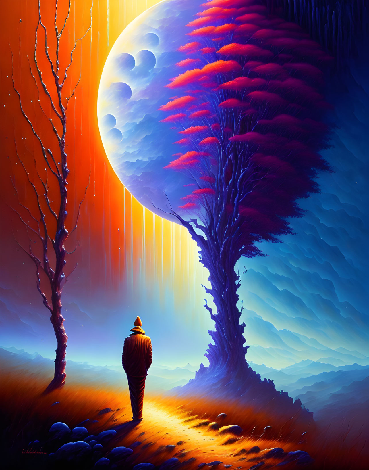 Mysterious figure in surreal landscape with glowing lava and multiple moons