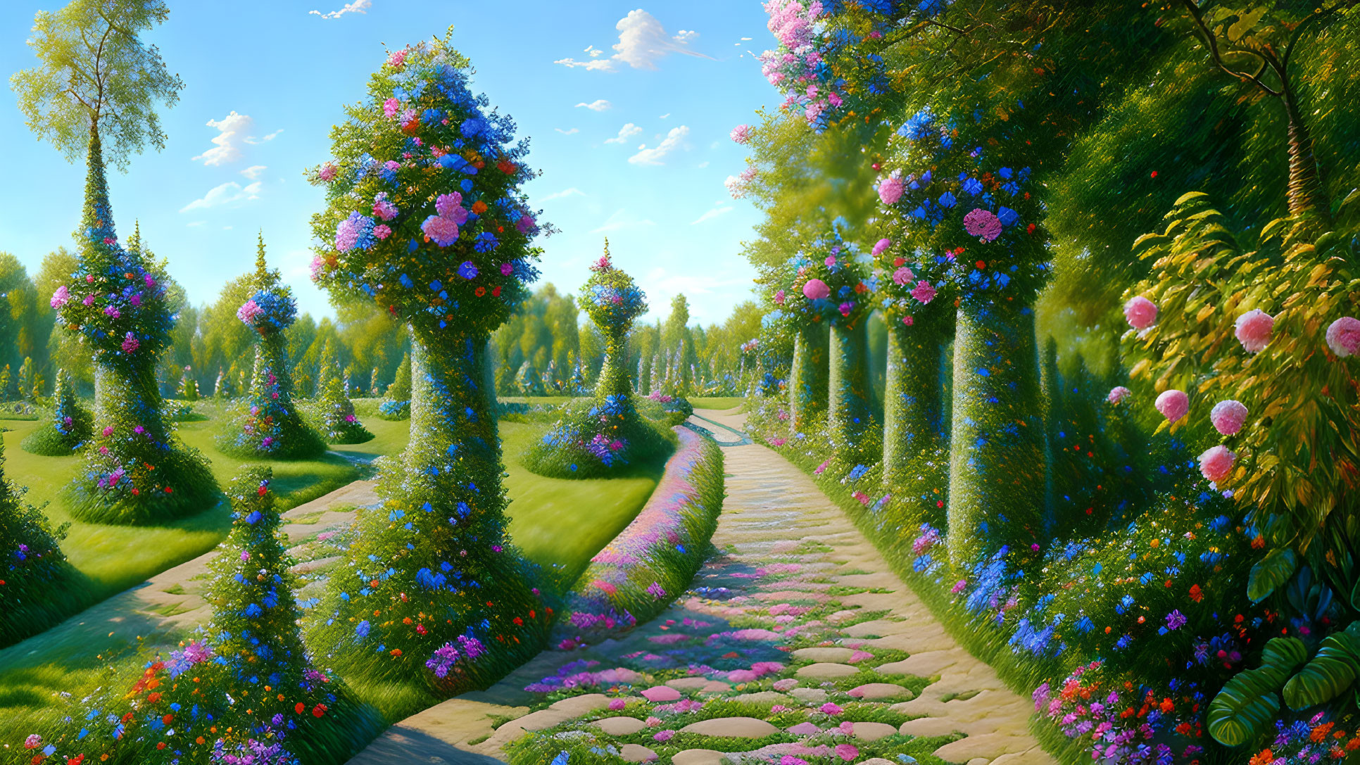 Blooming garden path with colorful flowers and cobblestone walkway