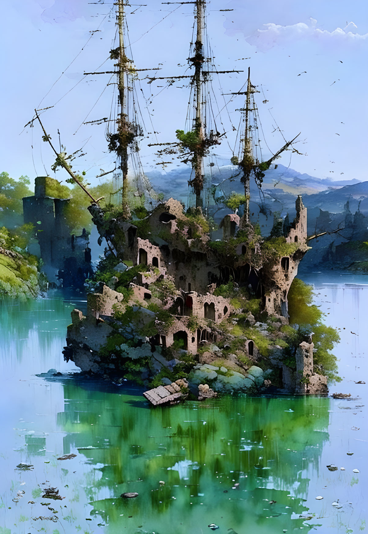 Abandoned castle on islet with ship, turquoise waters, blue sky & birds