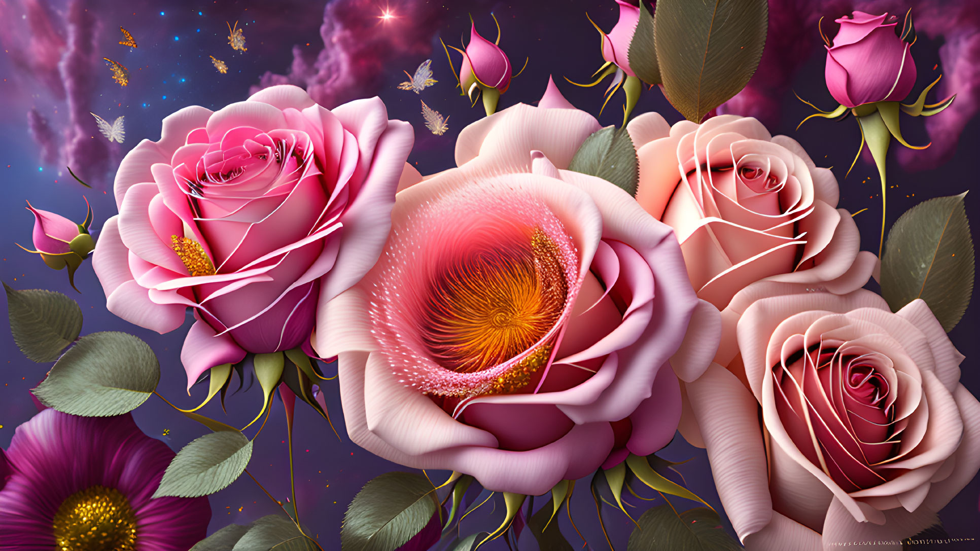 Detailed digital artwork: Pink roses against cosmic backdrop