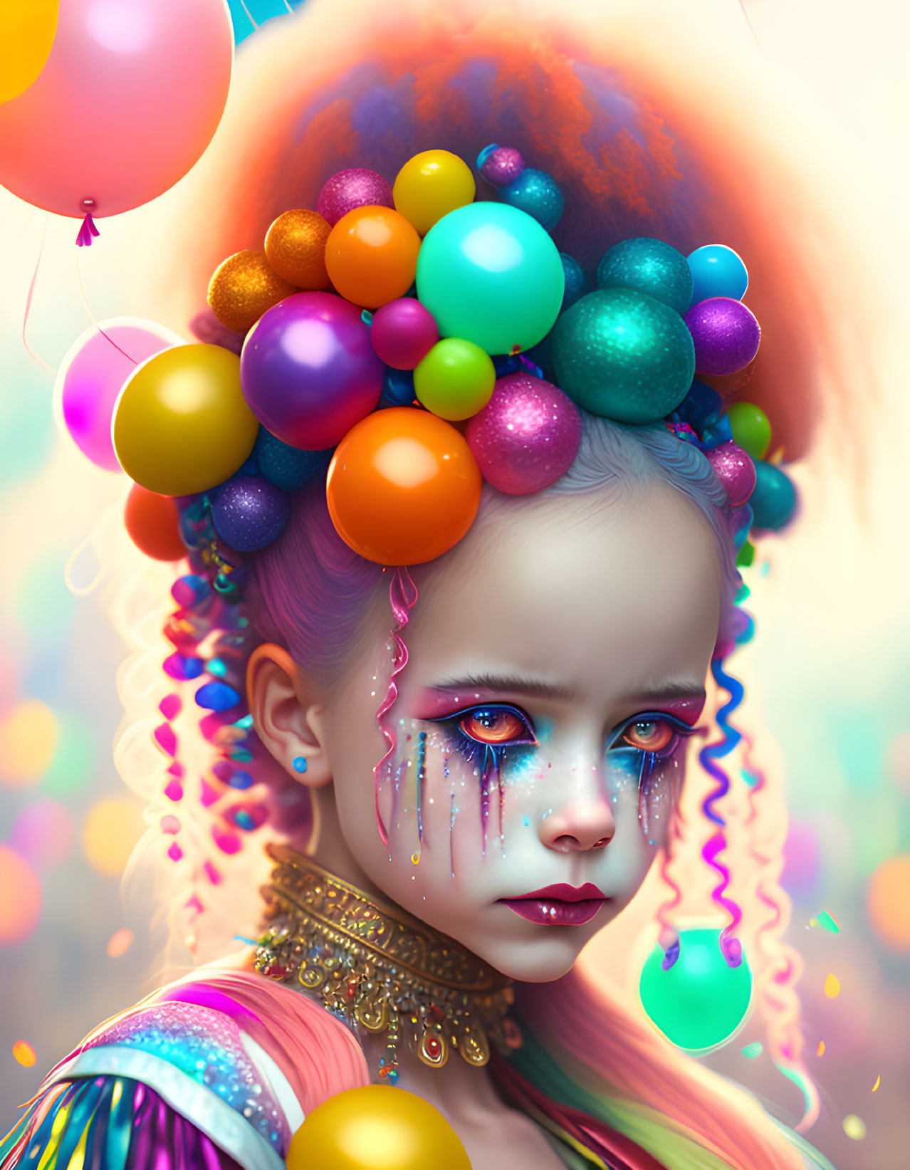 Colorful Balloons Hair, Teardrop Face Paint & Decorative Attire Portrait