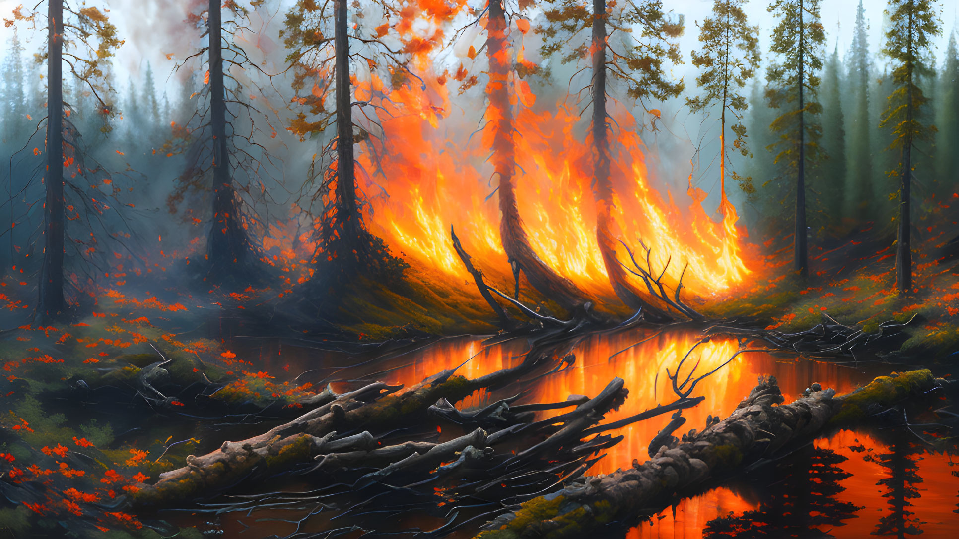 Intense forest fire scene with river reflection and fallen logs