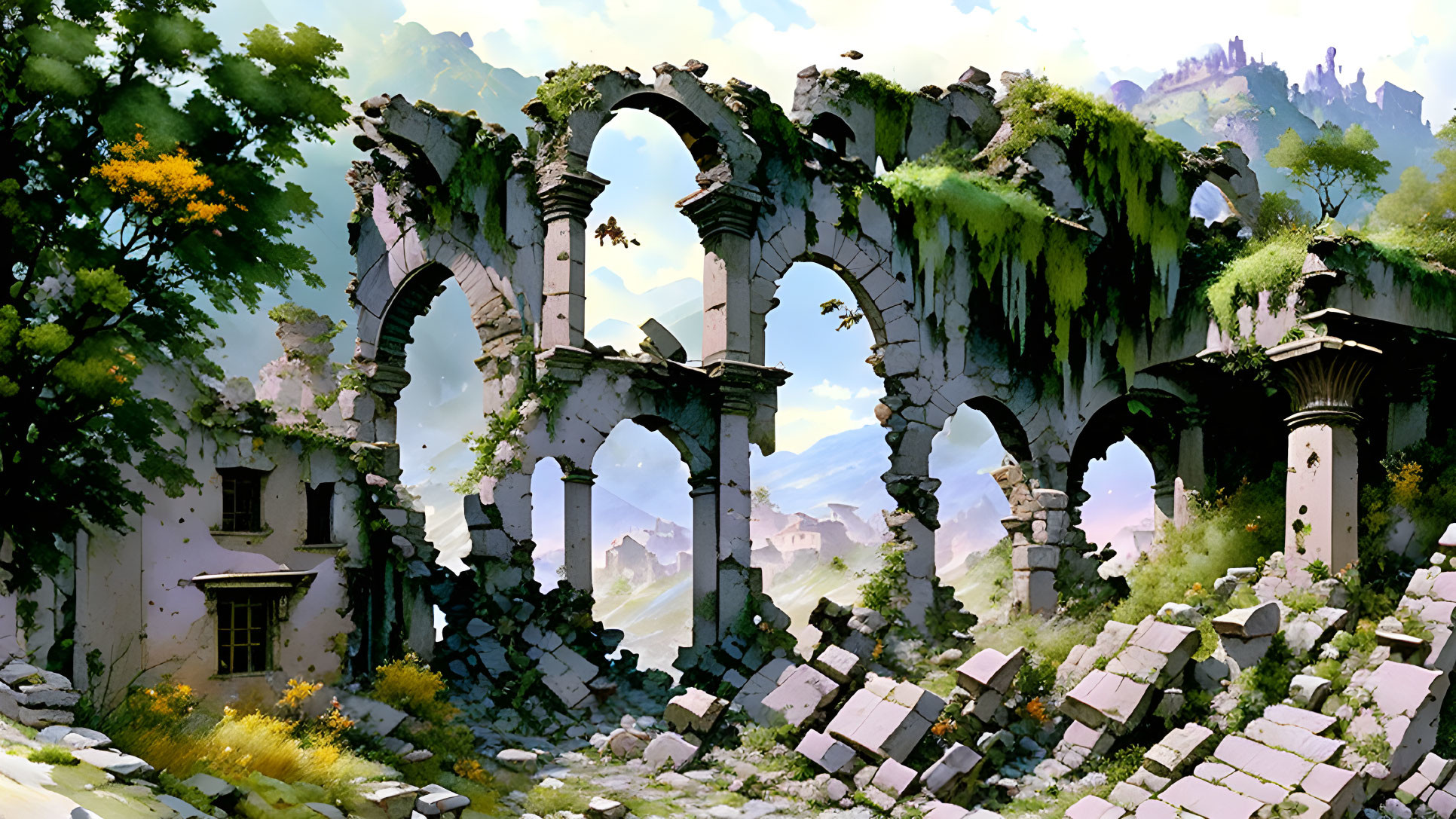 Ancient ruins overtaken by greenery and crumbling arches against distant hills.