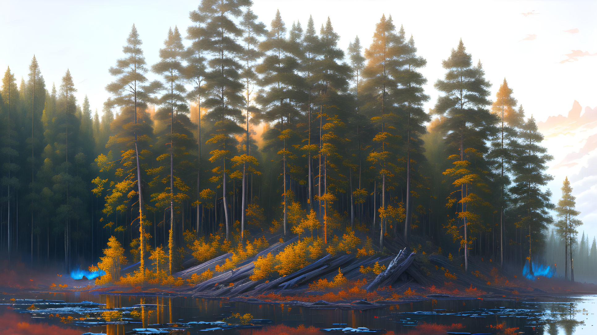 Tranquil forest scene with tall trees and golden leaves reflected on calm lake at misty sunrise/s