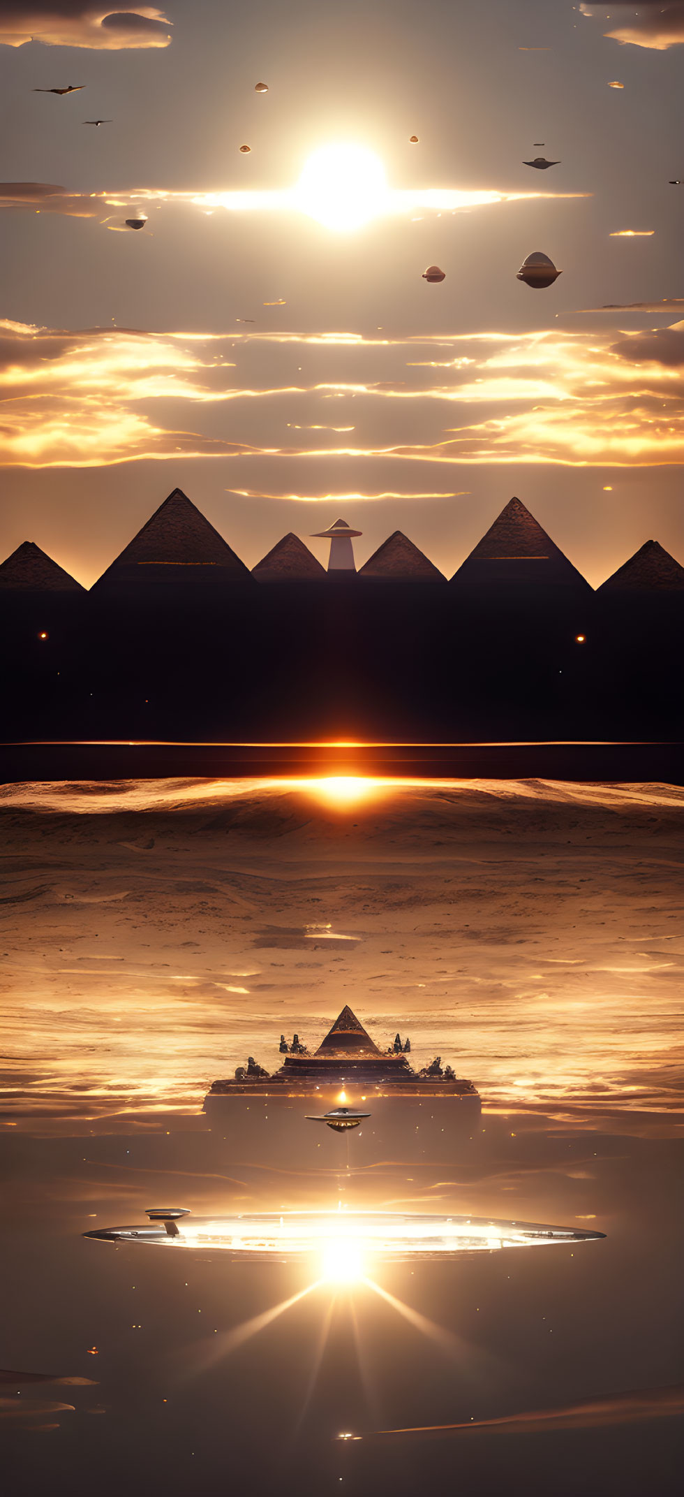 Egyptian Pyramids at Sunset with Reflections and Flying Objects