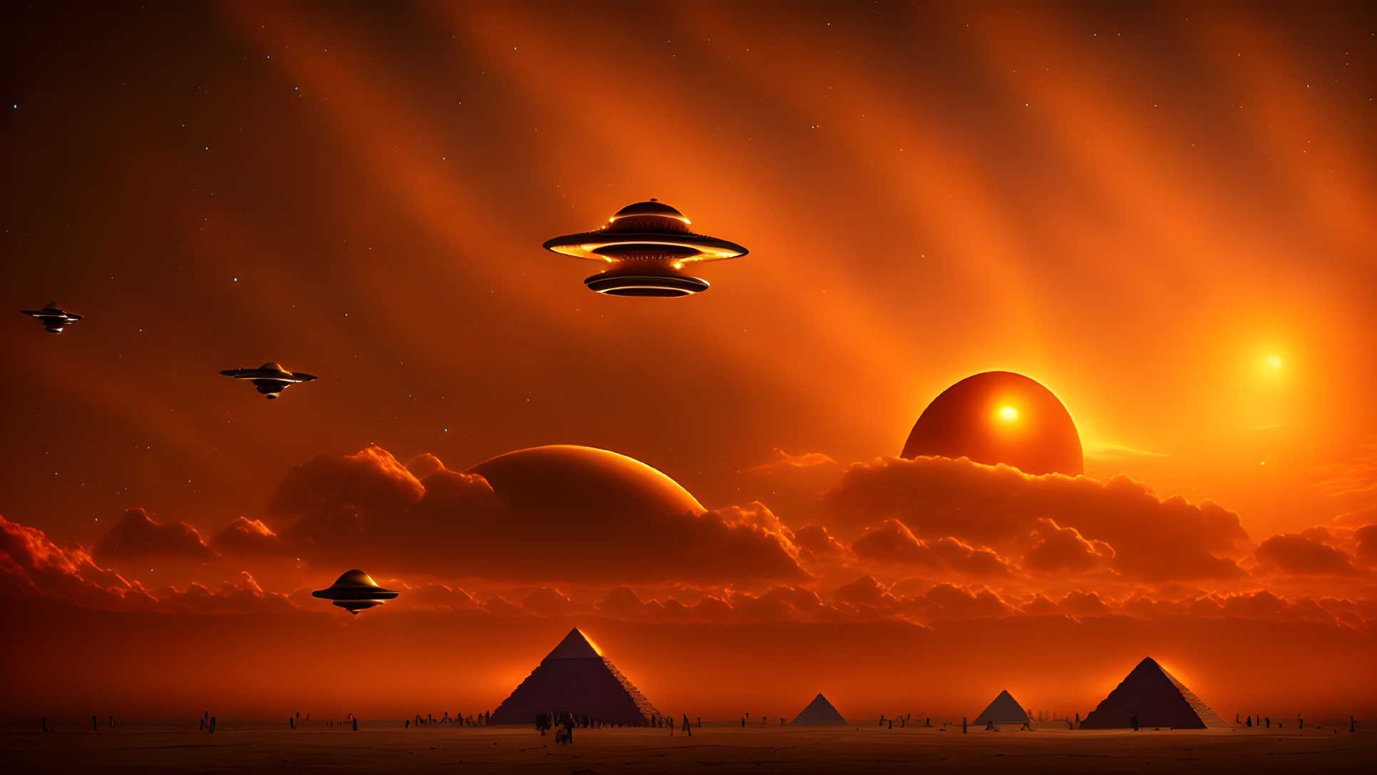 Surreal sunset with orange skies, pyramids, UFO silhouettes, and alien landscape