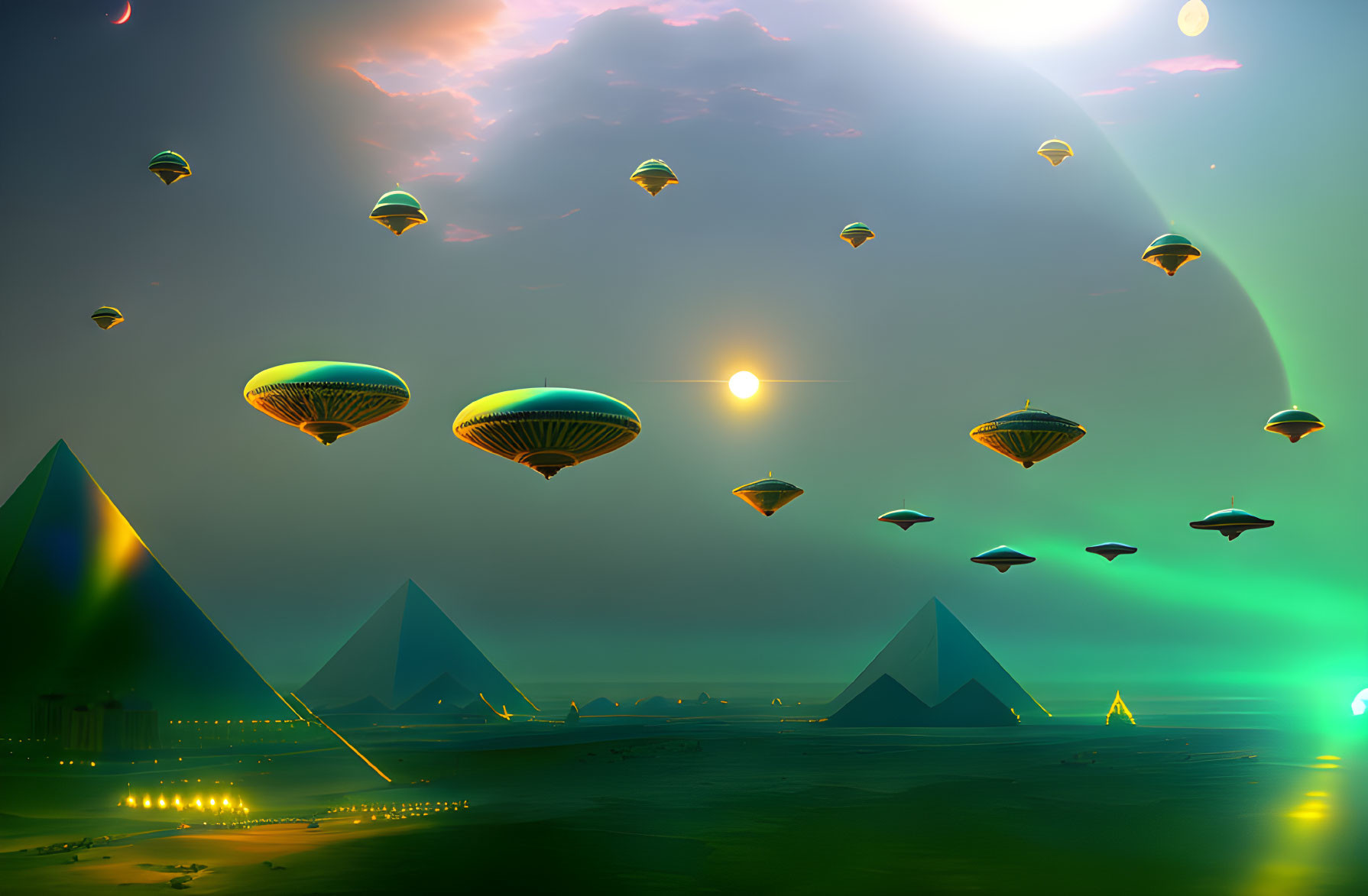 Futuristic scene with pyramids, floating cities, green aurora, and multiple suns