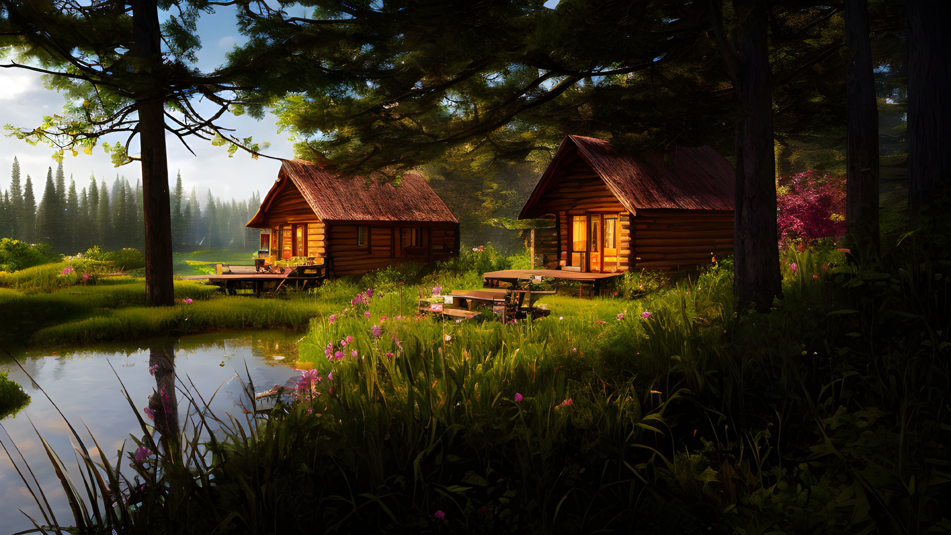 Rustic wooden cabins near serene pond at sunset