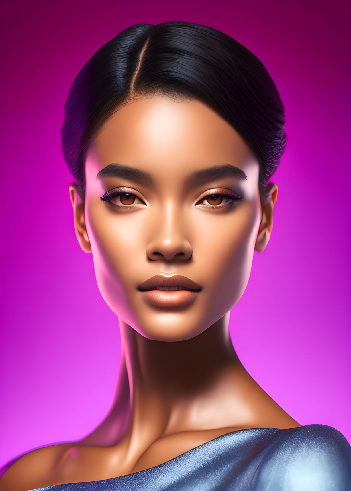 Vibrant digital artwork: woman with glossy skin, striking eyes, sleek hair on purple background