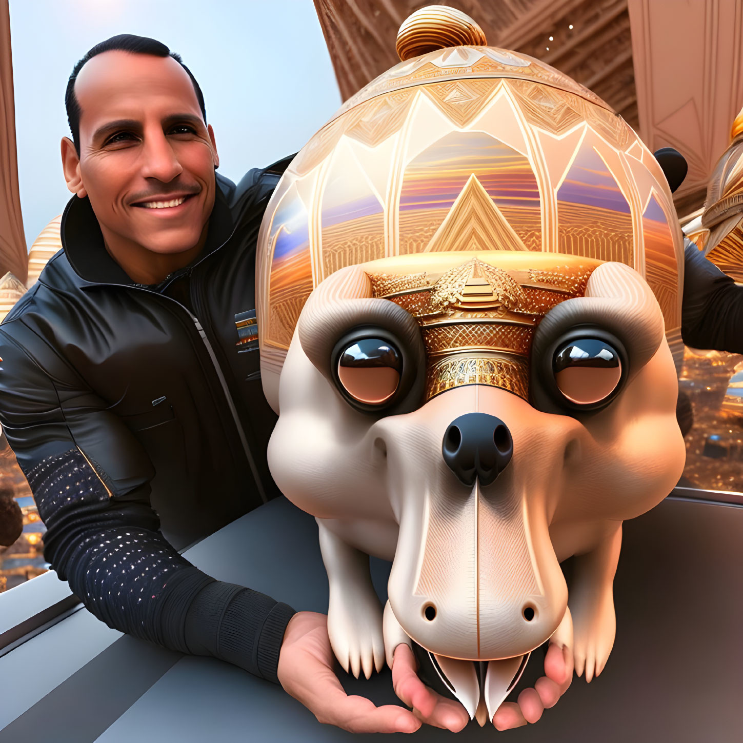 Smiling man and animated dog with golden crown in grand architecture setting