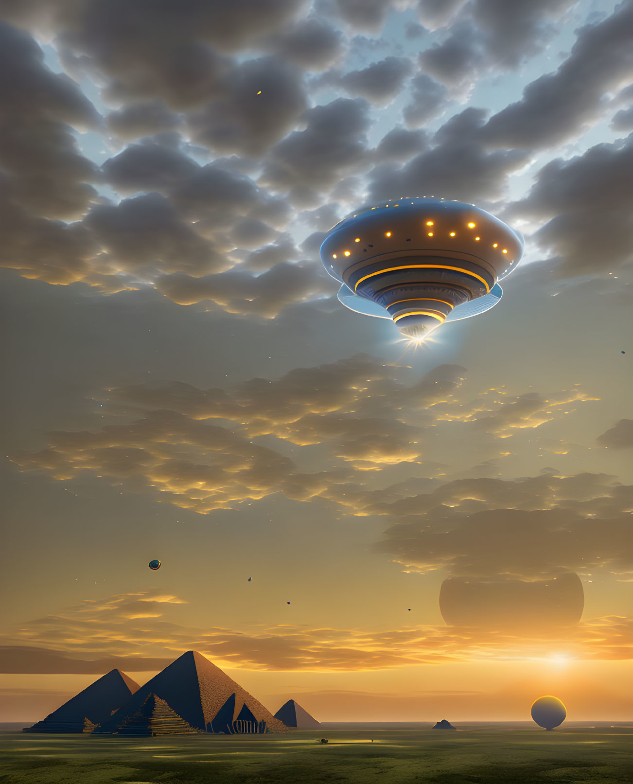 Majestic UFO over pyramids in dramatic sky