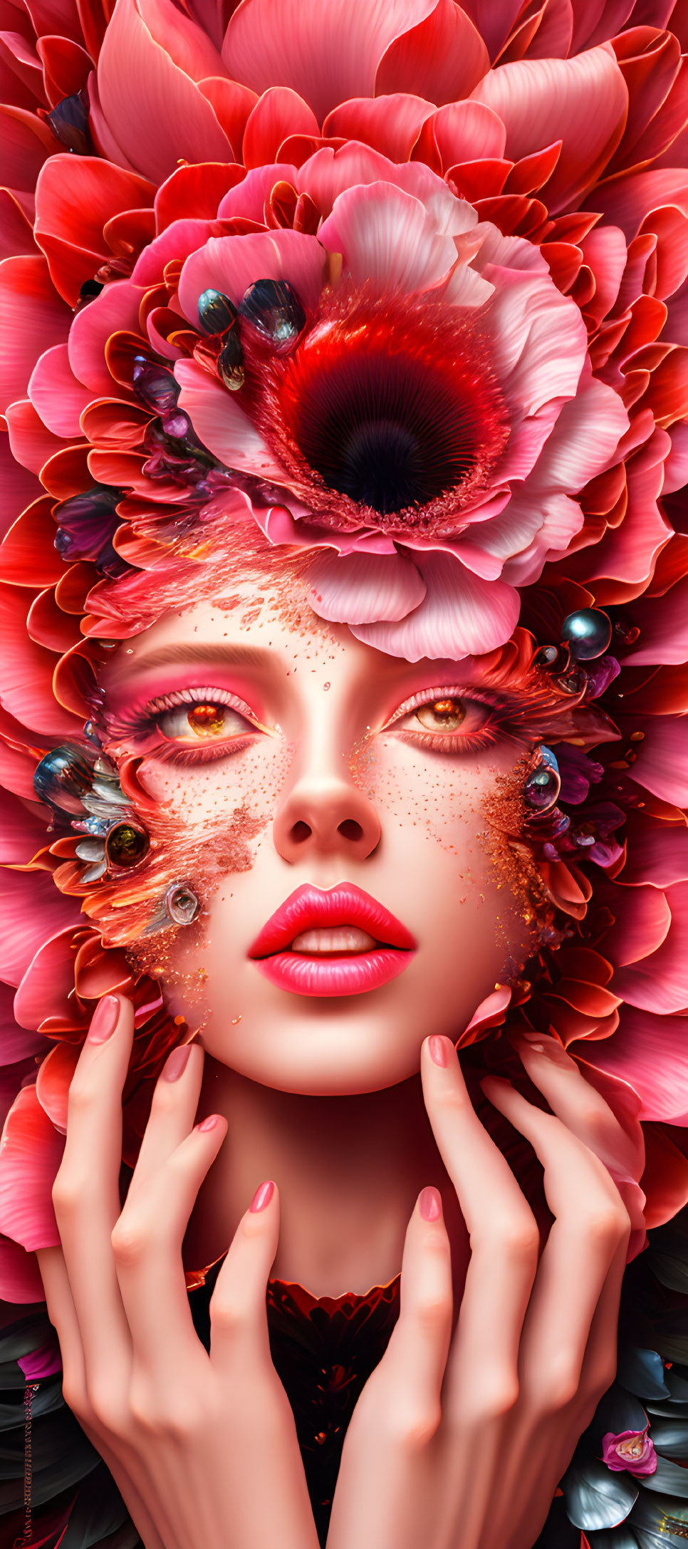 Woman's face with red and pink flowers and sparkling details