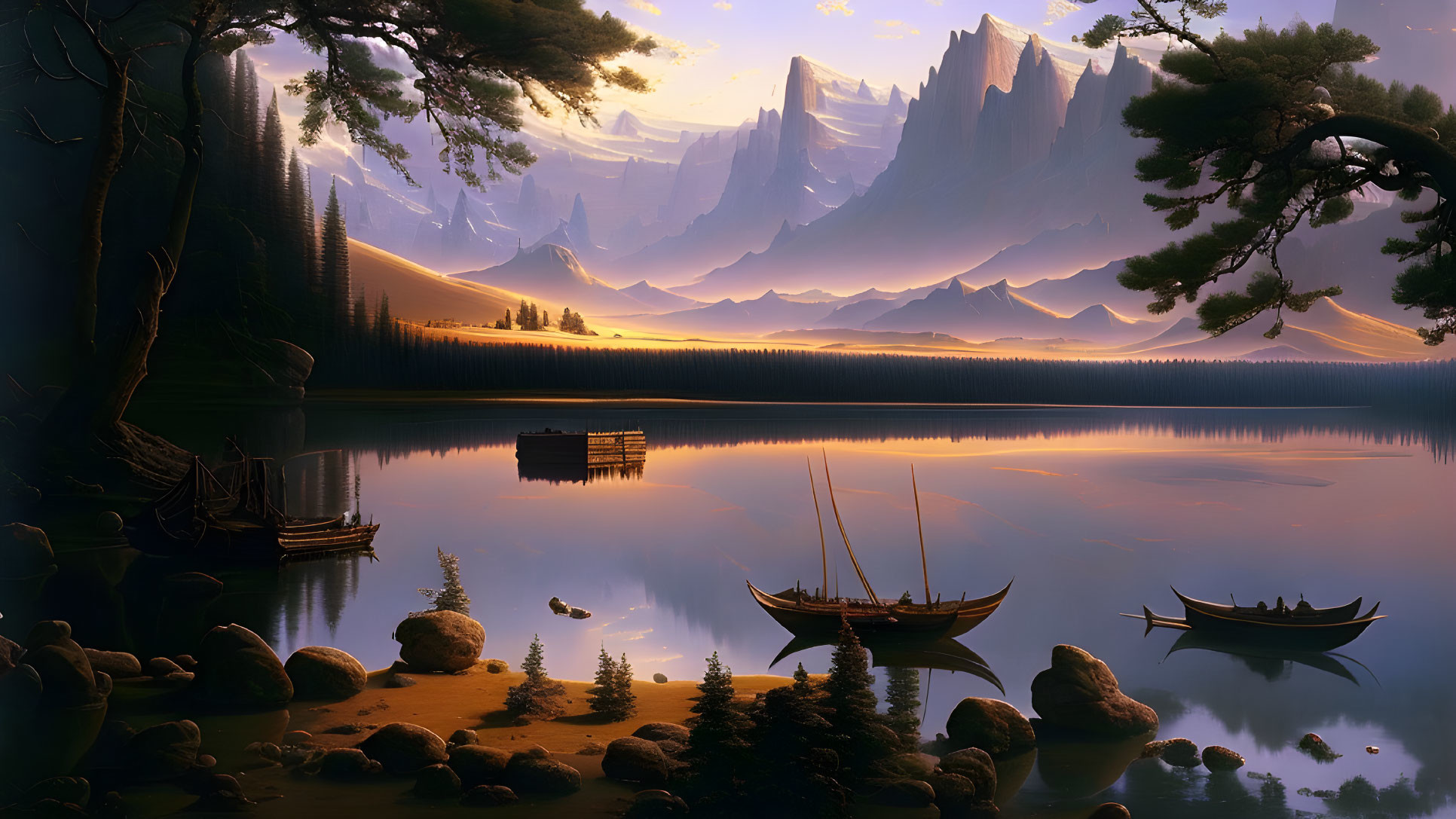 Scenic lake with boats, jetty, mountains, forest, and sunrise