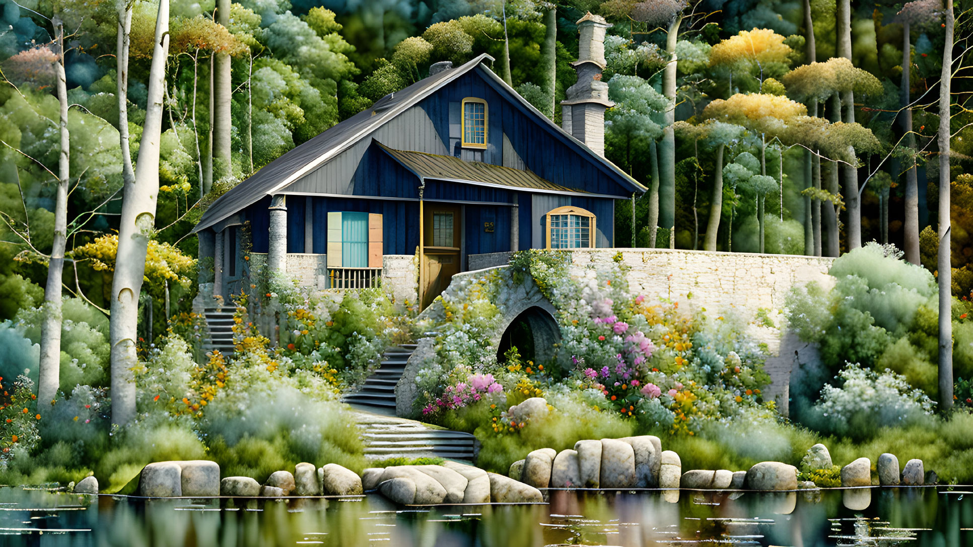 Tranquil blue cottage with stone bridge in lush greenery