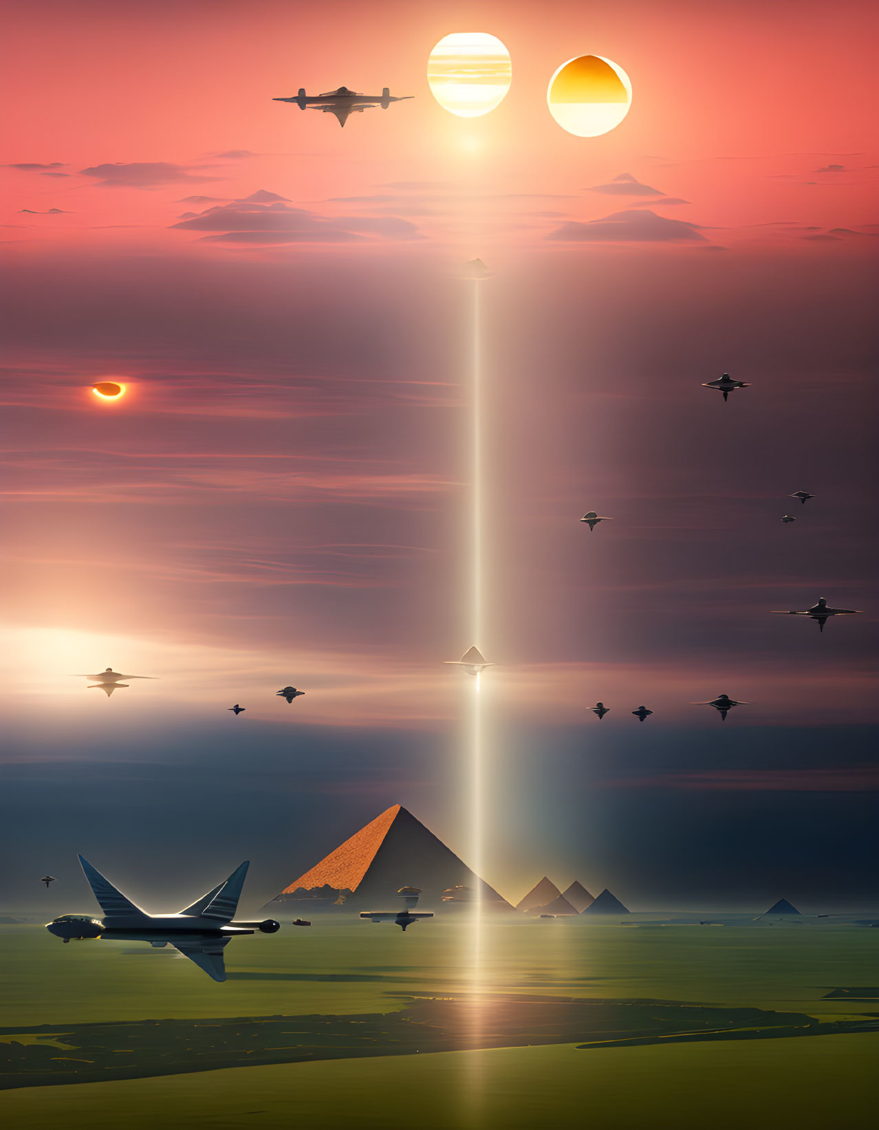 Surreal landscape with pyramids, multiple suns, planes, and light beam