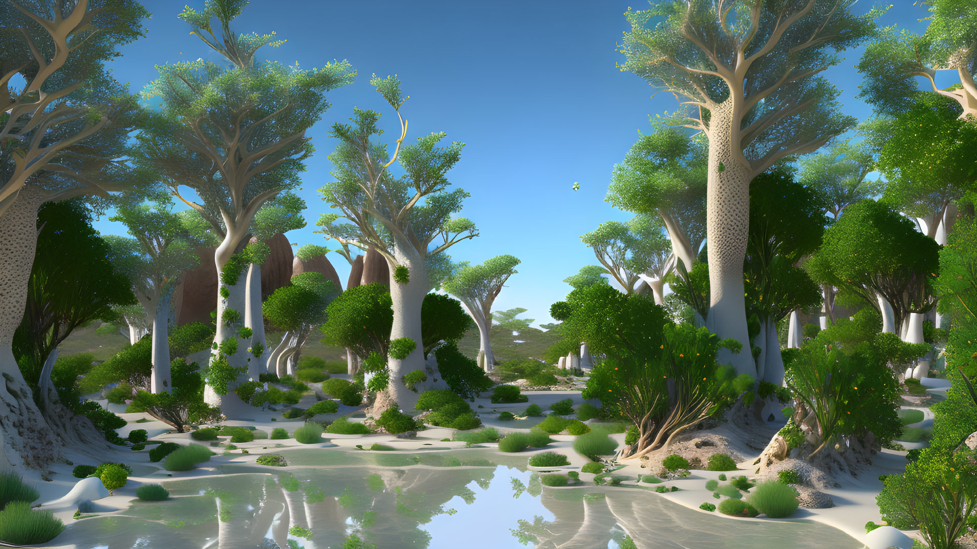 Fantastical forest scene with oversized trees, river, and blue sky