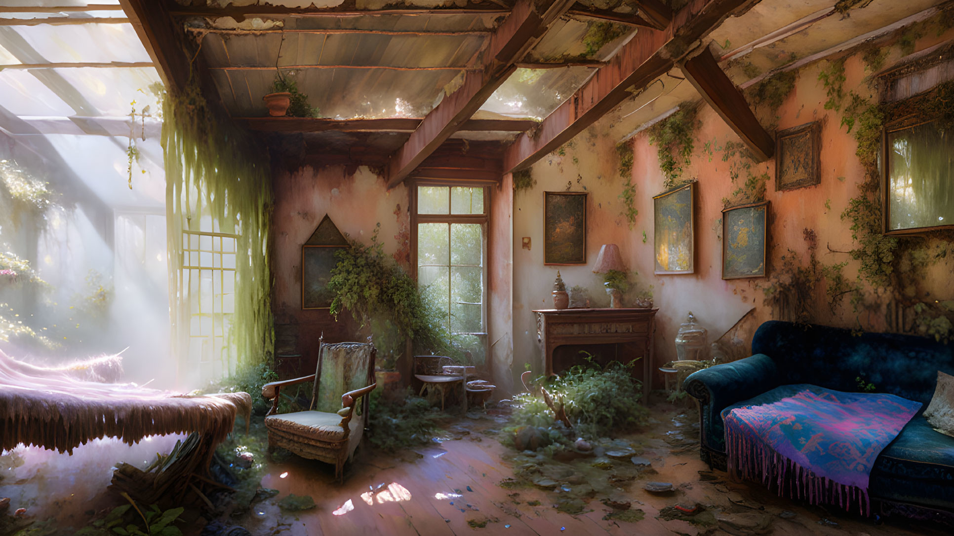 Sunlit Abandoned Room with Overgrown Plants and Dilapidated Furniture