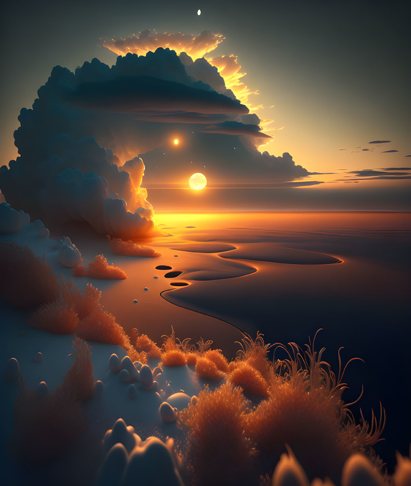 Tranquil sunset scene over ocean with vibrant clouds and reflections