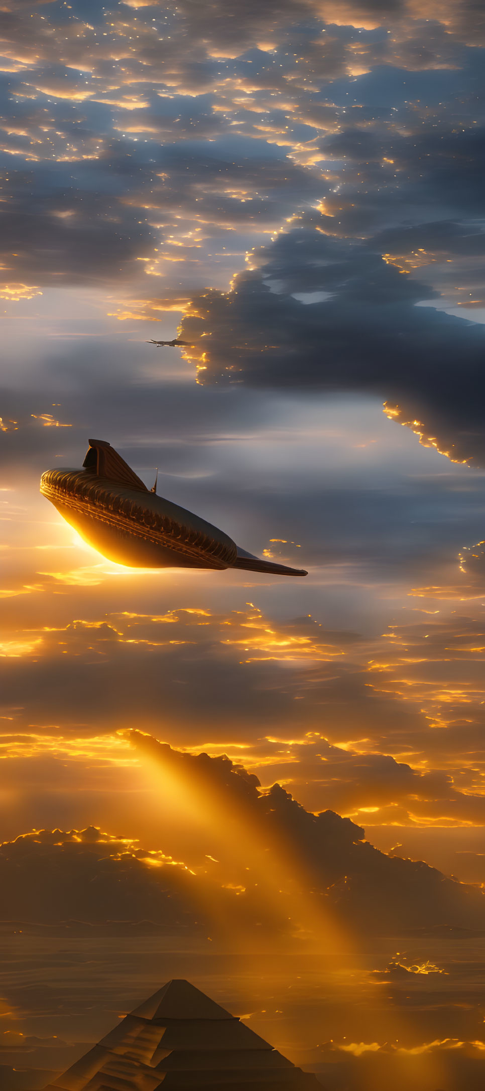 Blimp flying over pyramids under dramatic golden sky