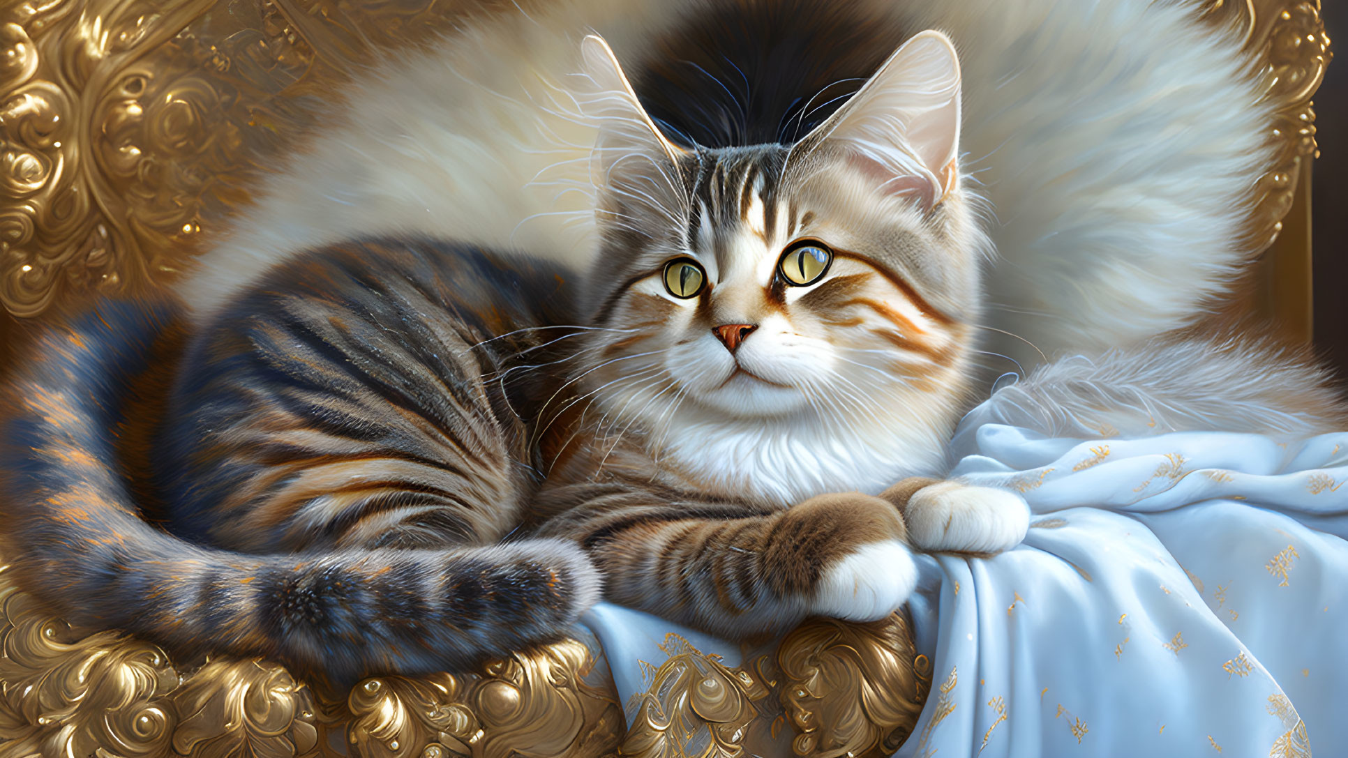 Fluffy tabby cat with green eyes on blue cushion with gold swirls