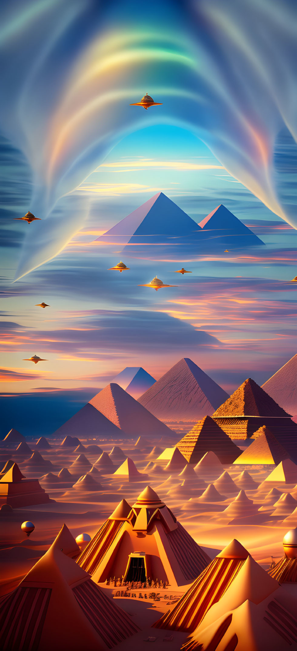 Pyramids with Northern Lights and UFOs in futuristic scene