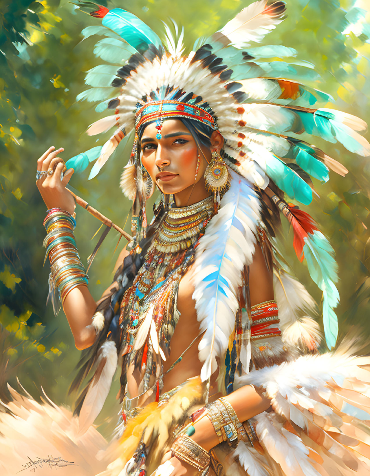 Native American person in vibrant attire with feathered headdress and spear in sunlit forest