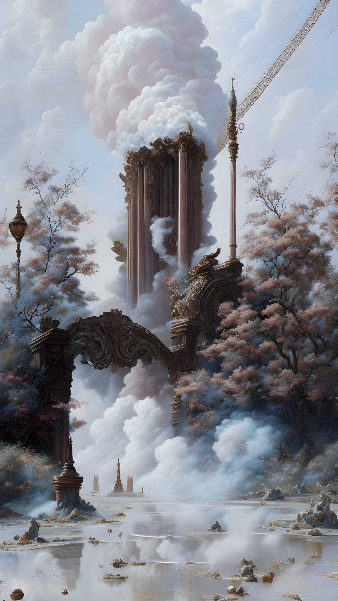 Fantastical landscape with towering pillars, ornate arches, cherry blossoms, and misty