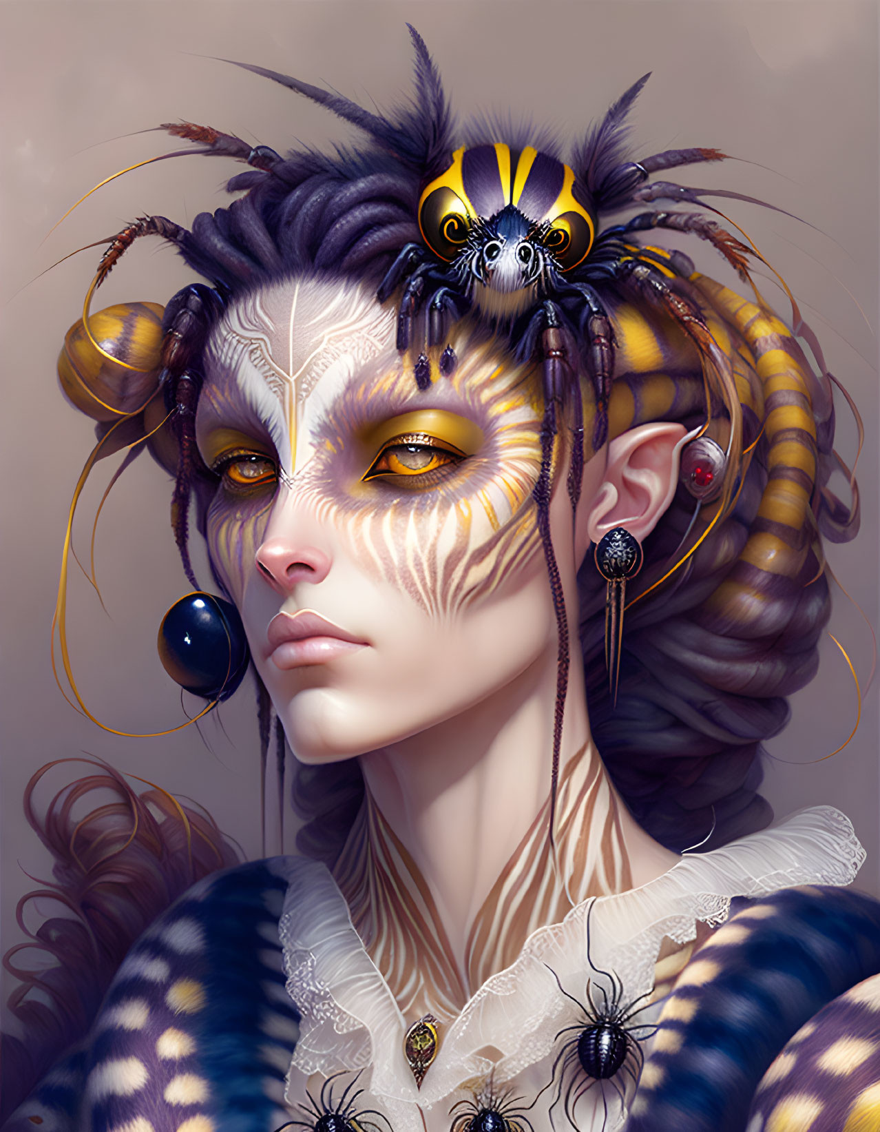 Fantasy portrait of person with feline features and intricate details