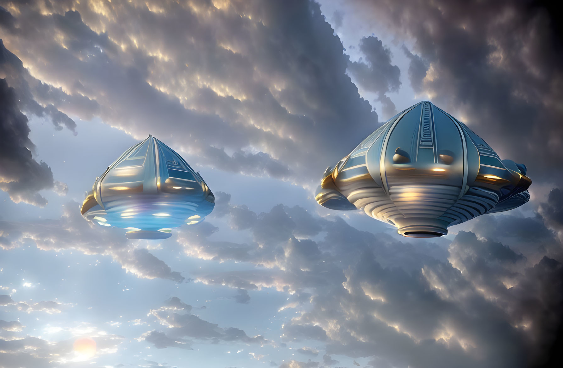 Futuristic UFOs Flying in Sunset Sky