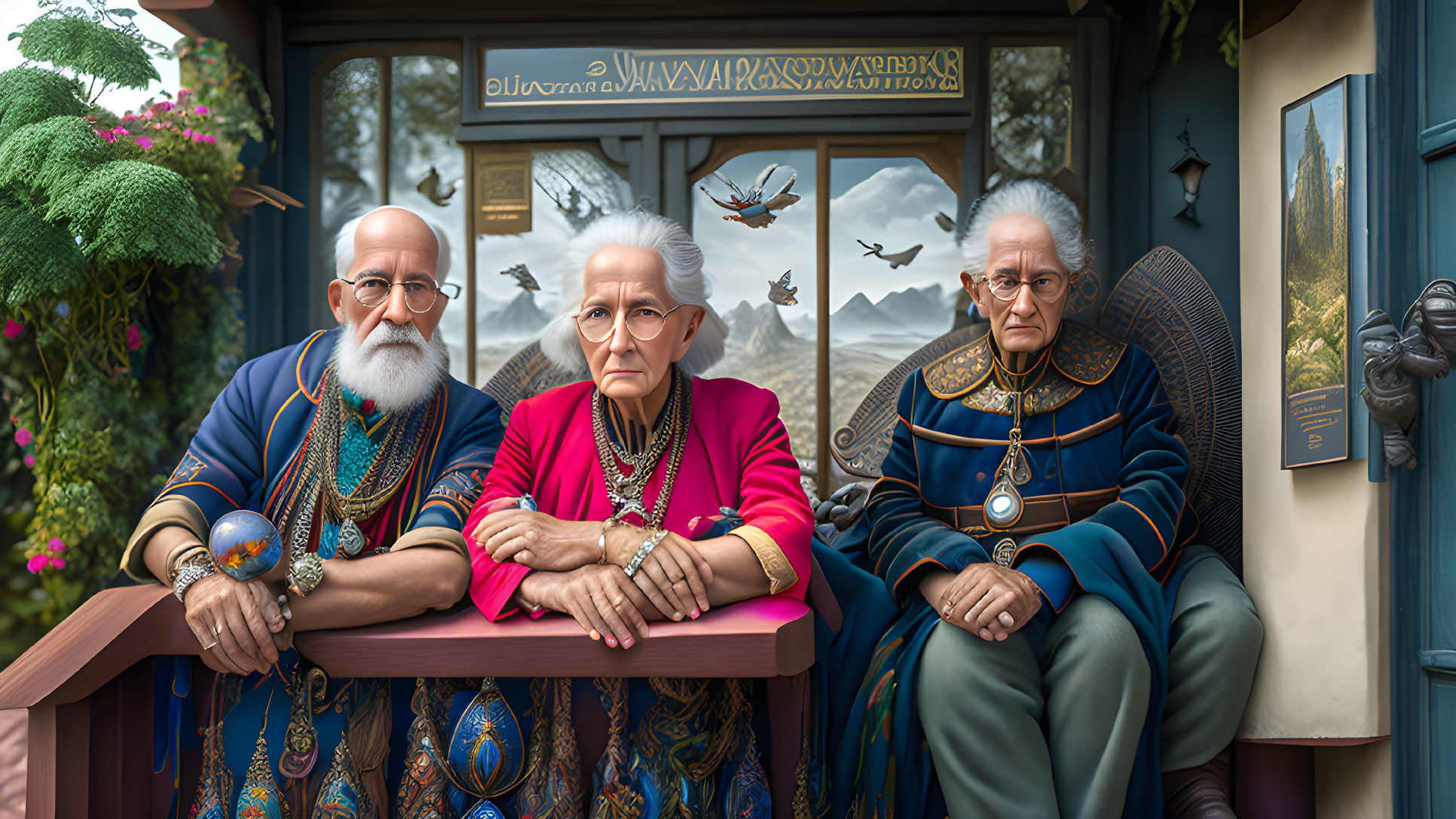 Elderly individuals in traditional clothing on balcony with mural