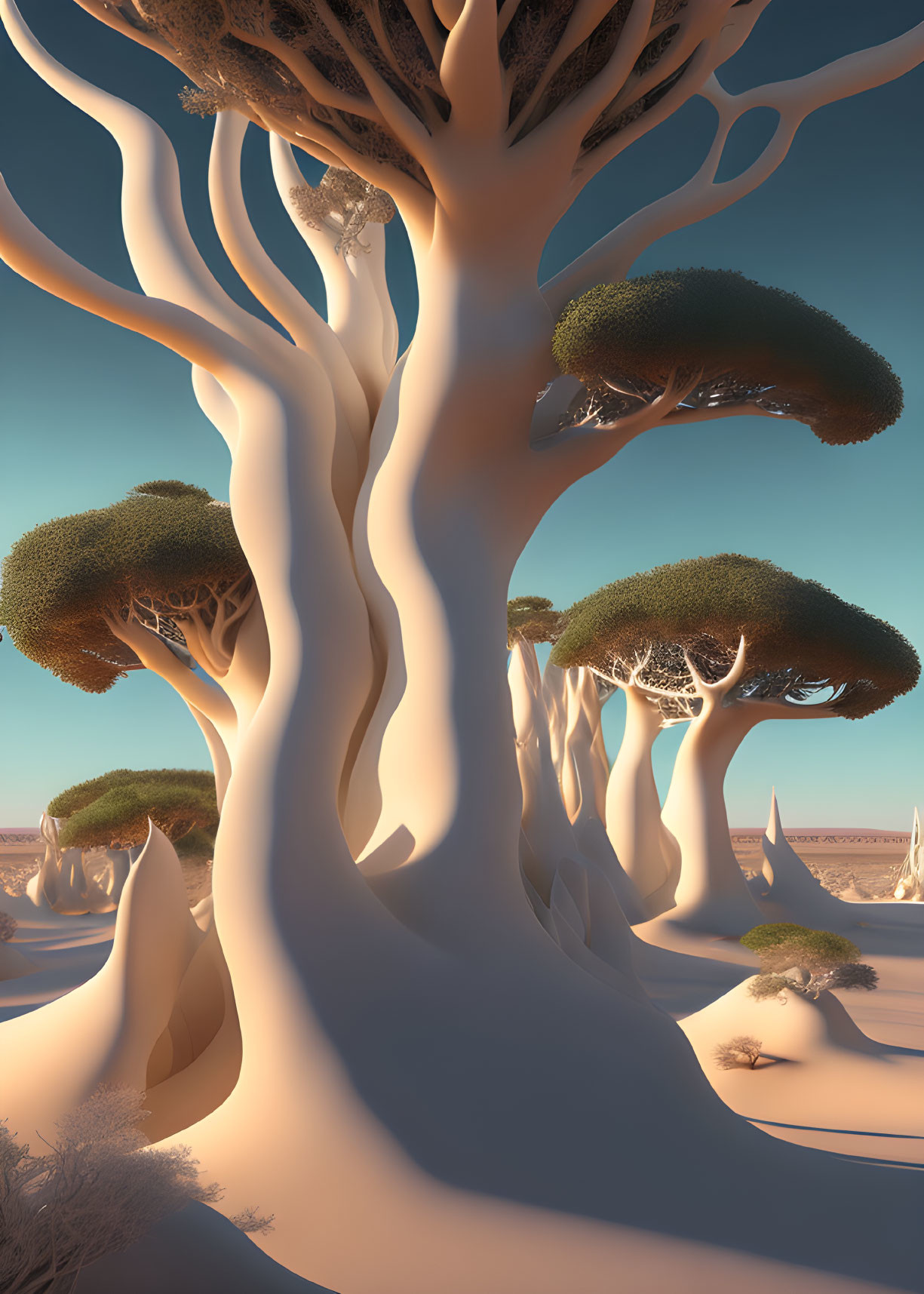 Gigantic smooth white tree in surreal desert landscape