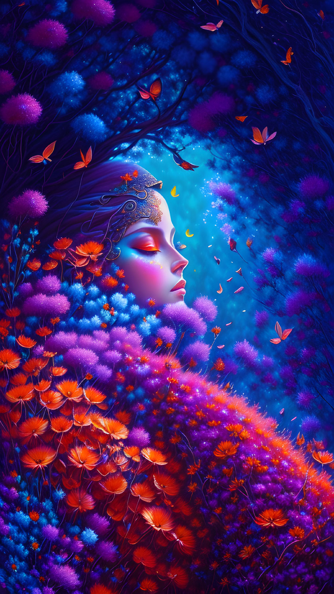 Colorful digital artwork: Woman's face merging with floral scenery, butterflies fluttering under blue light