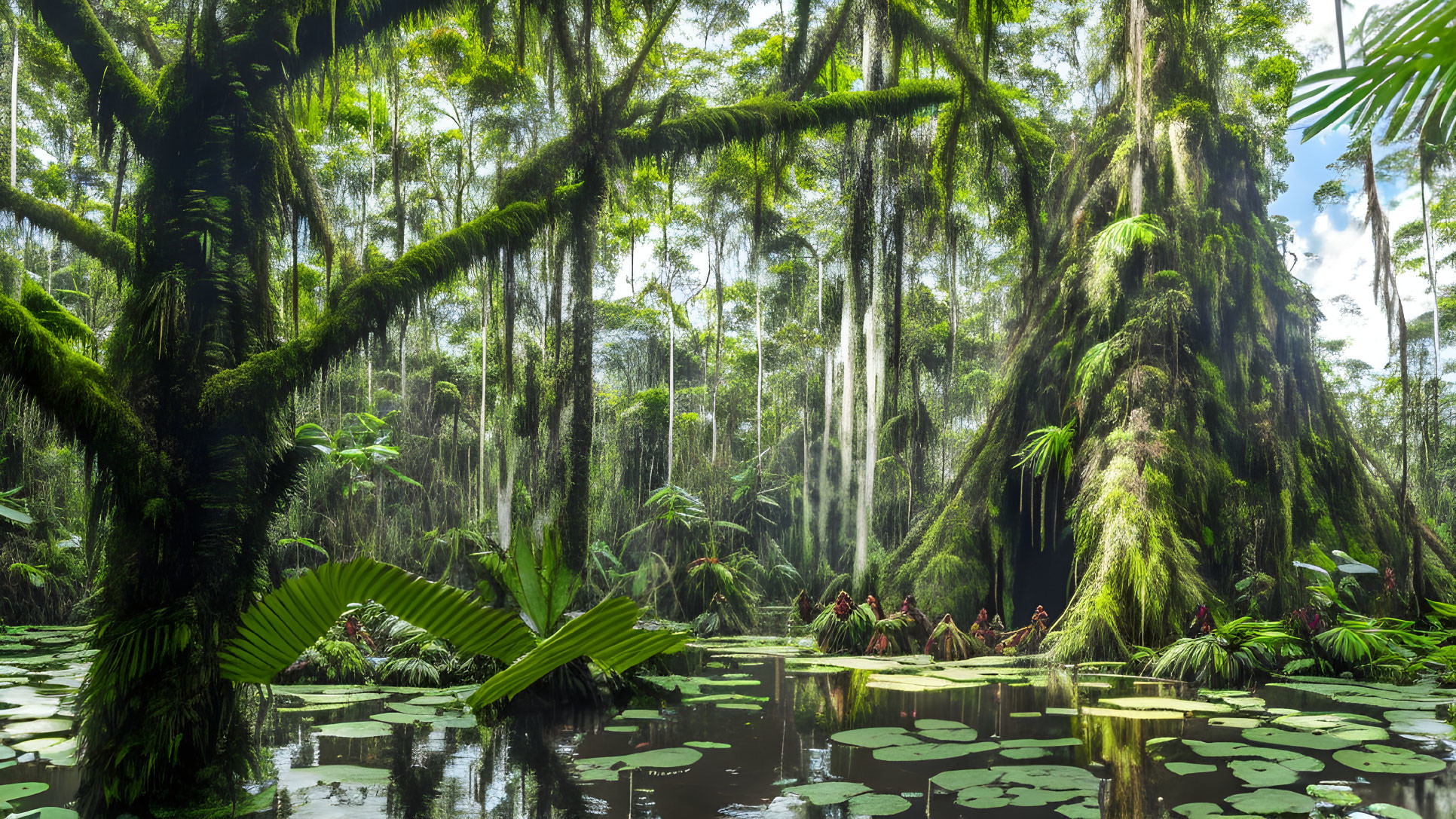 Tranquil swamp scene in lush forest with mossy trees and water lilies