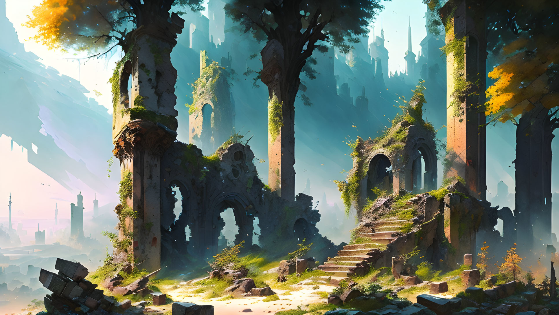 Ethereal fantasy landscape with ancient ruins in misty forest