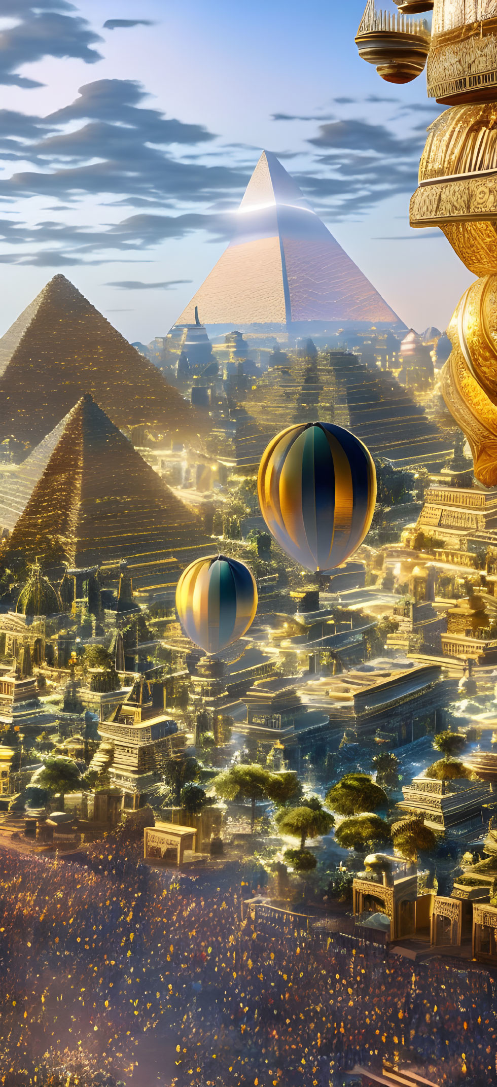 Fantastical image: Ancient Egyptian pyramids and futuristic cityscape.