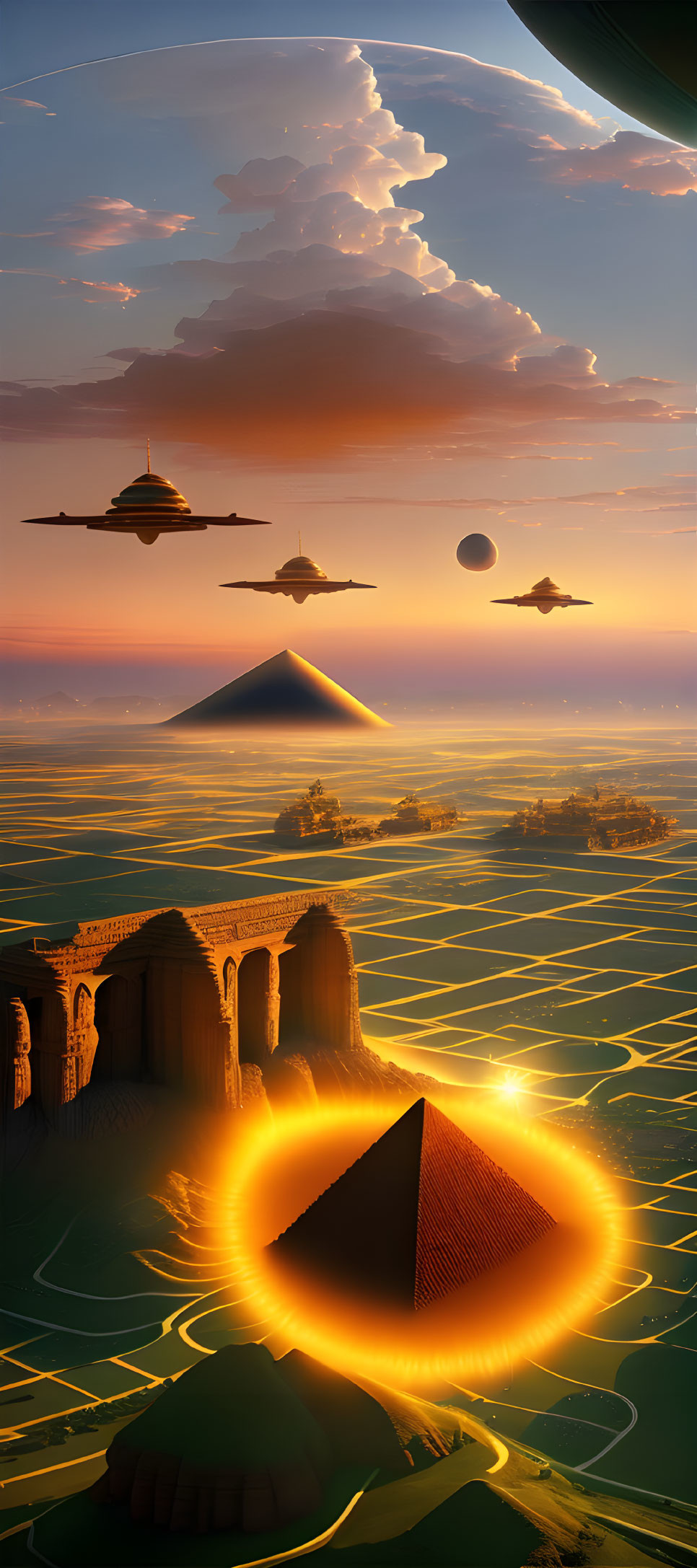 Alien landscape with pyramids, futuristic structures, and flying saucers at sunset