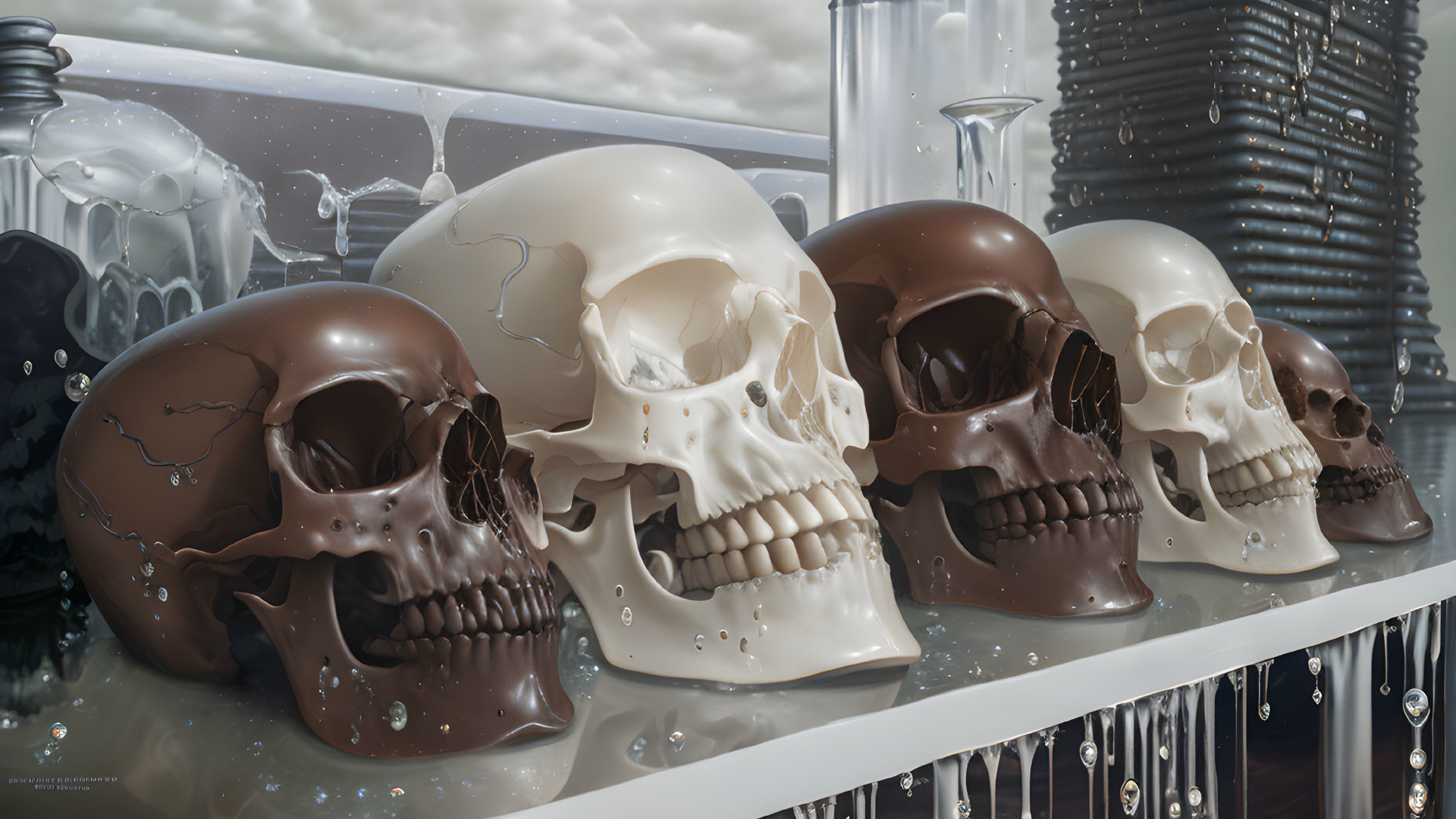 Stylized chocolate skulls splashed with liquid on reflective surface