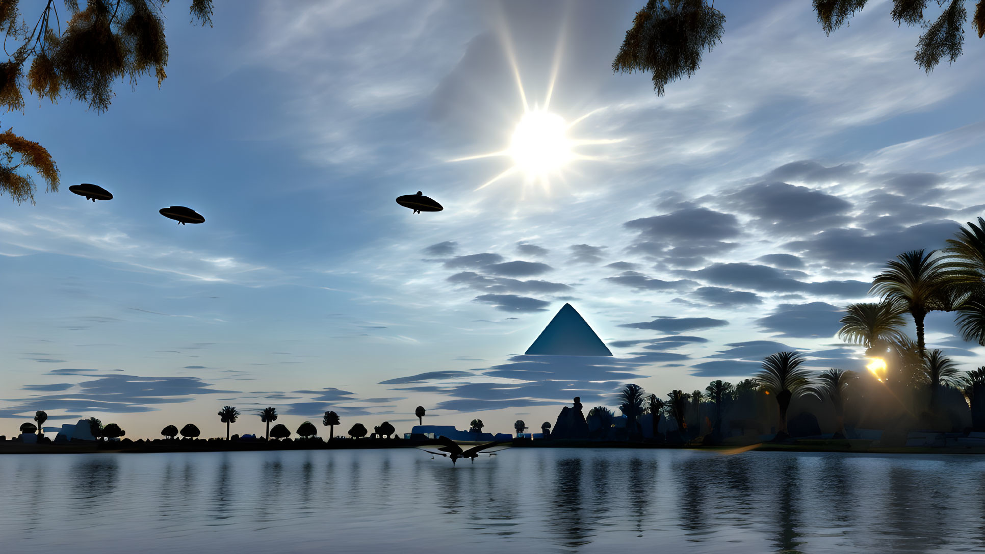 Tranquil lake scene with pyramid, trees, and airships