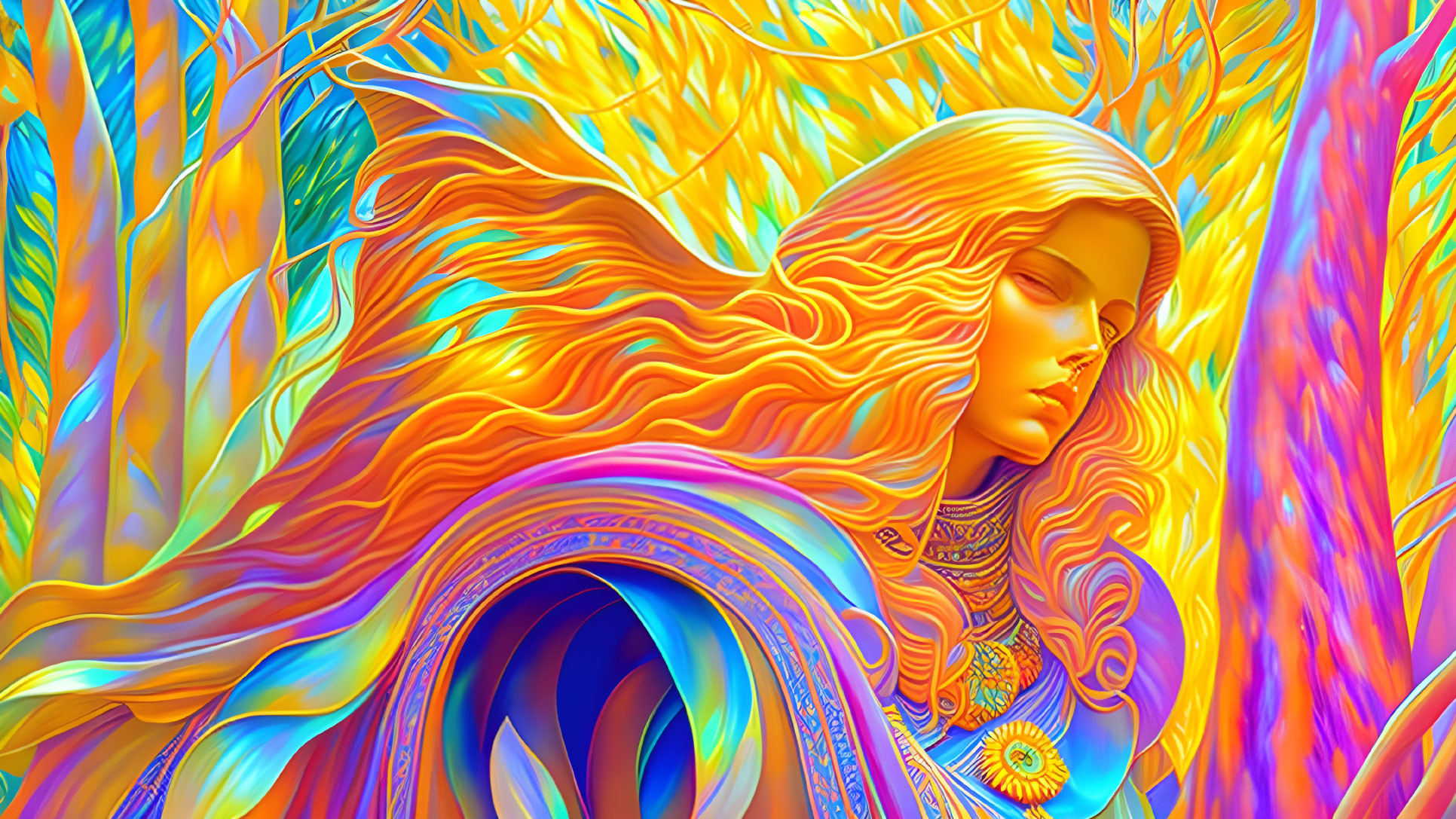 Colorful illustration: Woman with flowing hair and psychedelic patterns