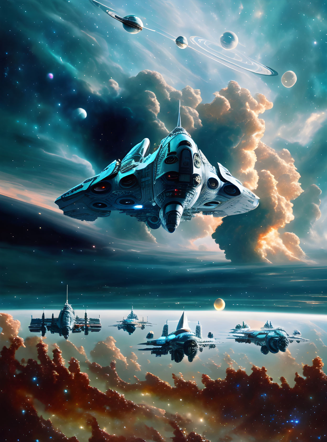 Futuristic spaceships above alien landscape with moons & planets