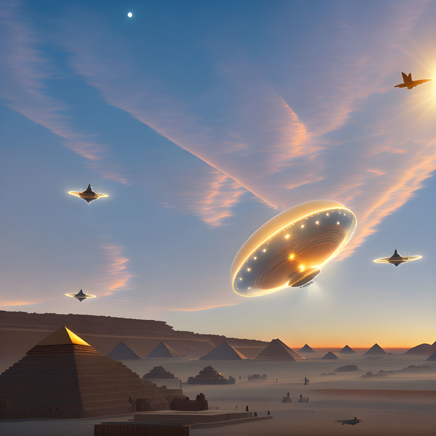 Digital artwork: UFOs over Egyptian pyramids at sunset with star