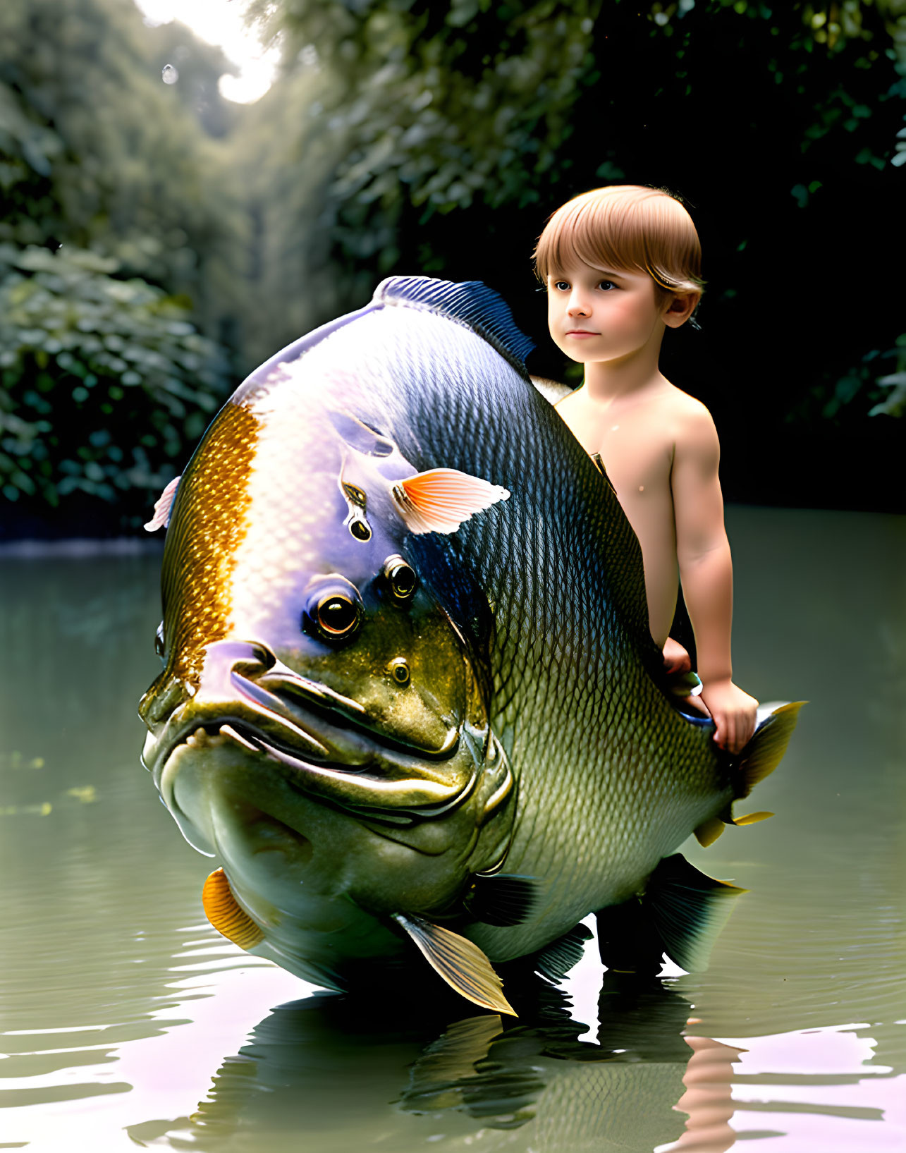 Young boy with oversized fish in waist-deep water under sunlight.