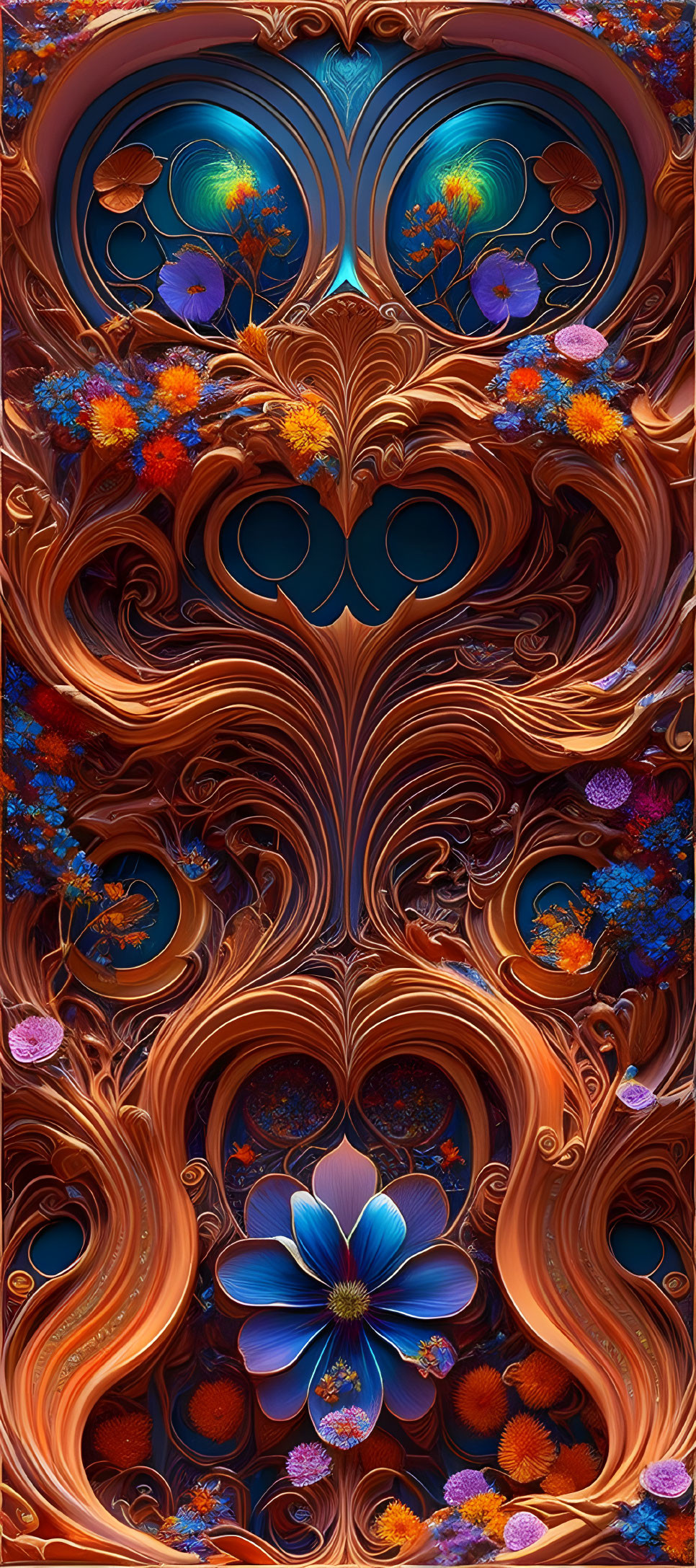 Symmetrical floral digital artwork with rich blue and orange tones