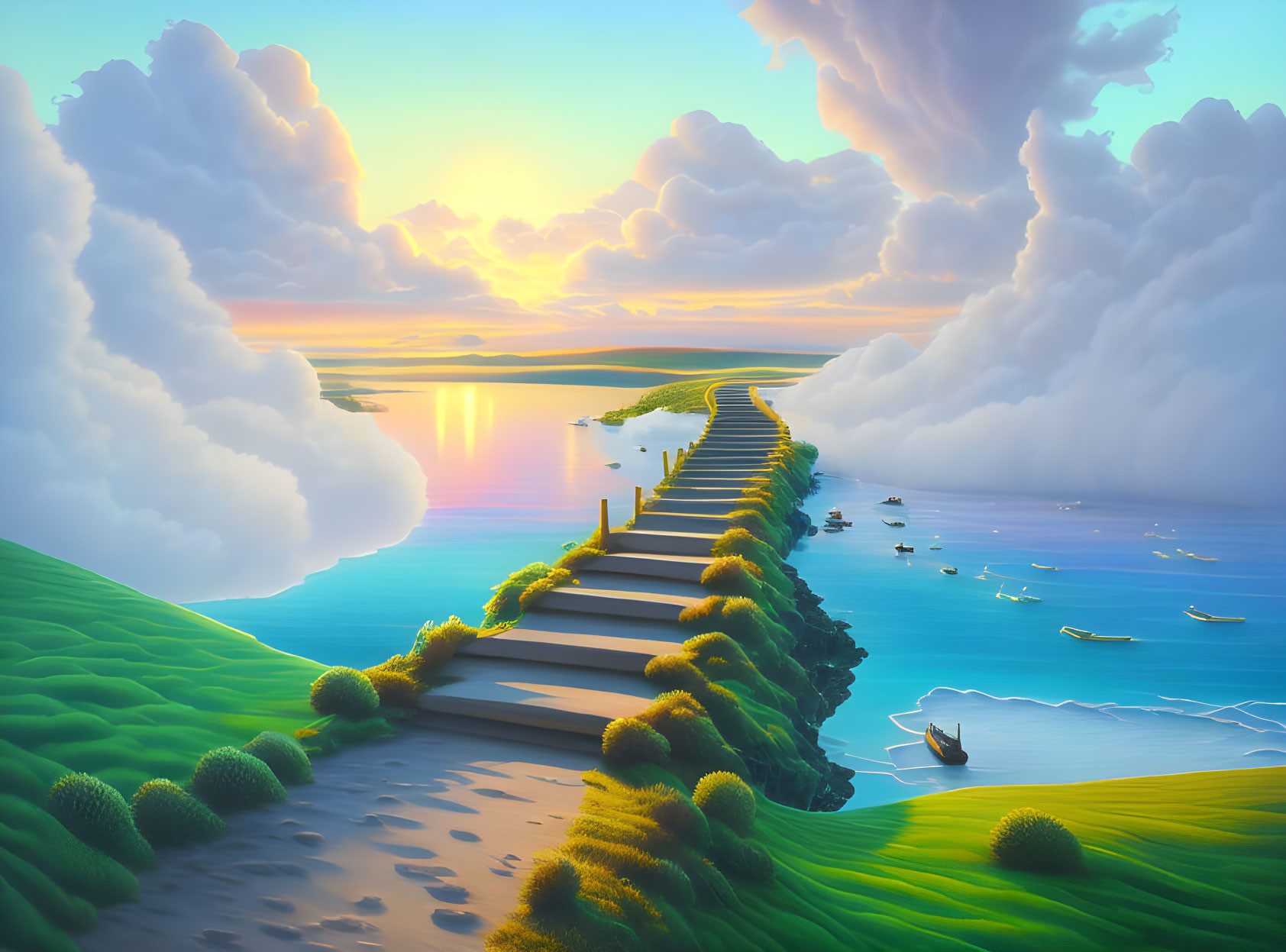 Colorful artwork: Staircase descending into sea at sunset with boats, clouds, and hills