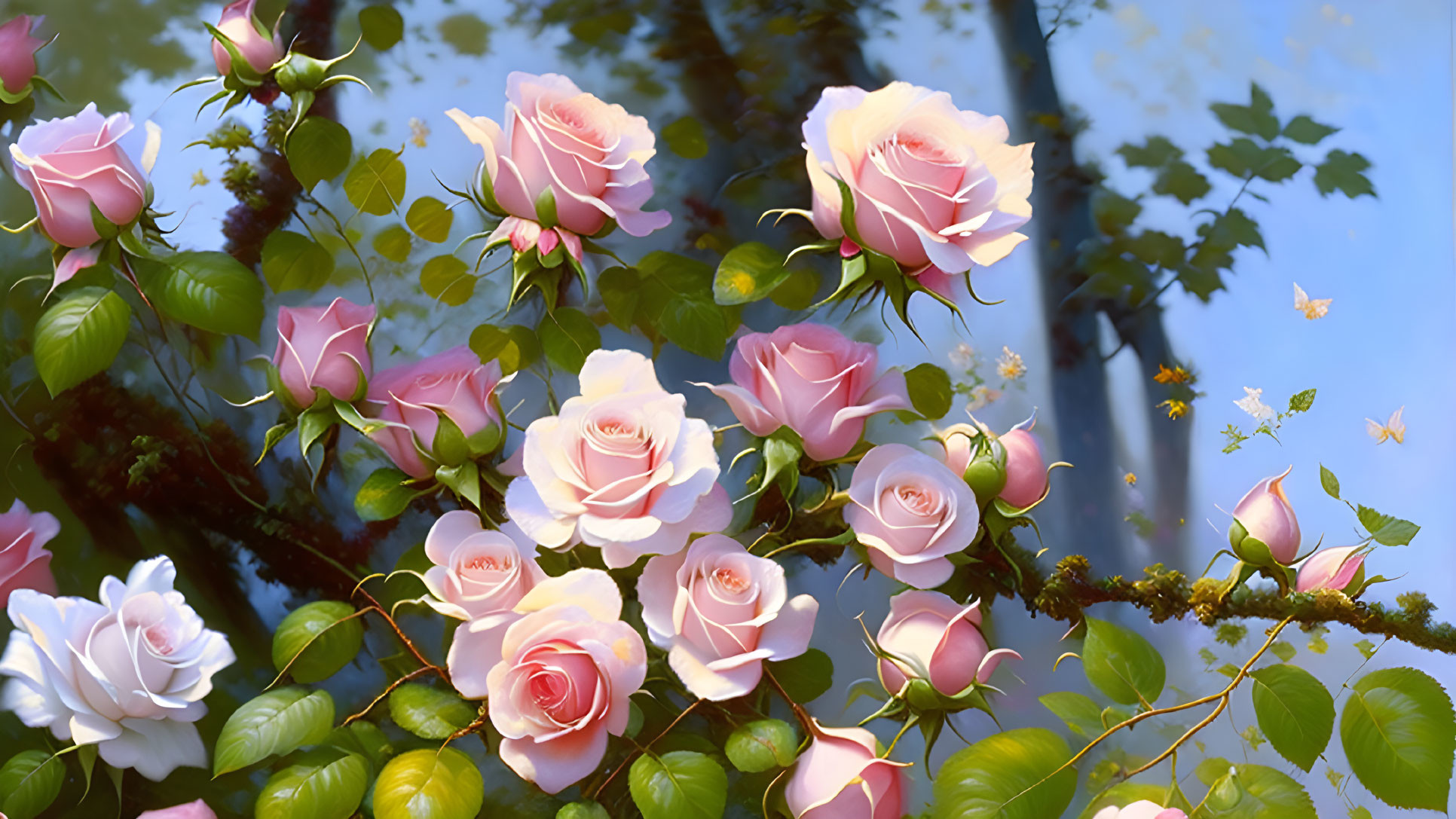 Delicate pink roses with green foliage against reflective water background