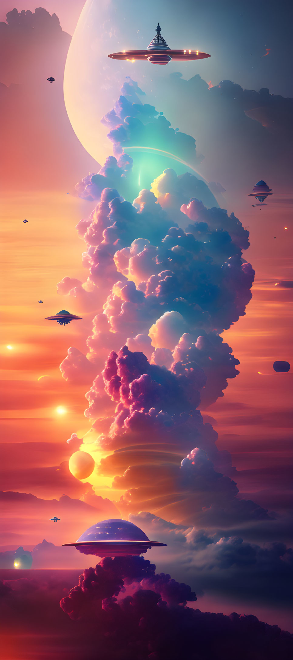 Vibrant surreal vertical landscape with UFOs and celestial bodies