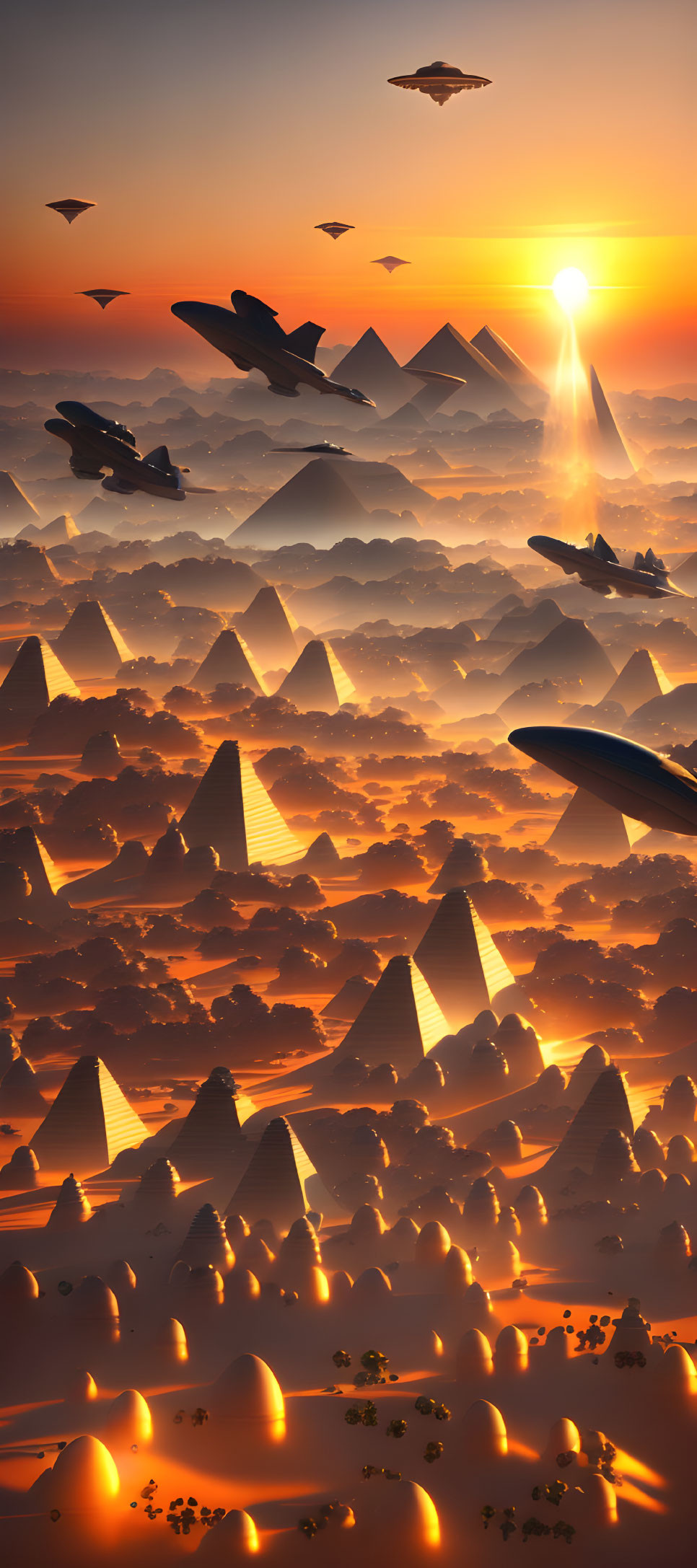 Desert landscape at sunrise with pyramids and futuristic aircraft.