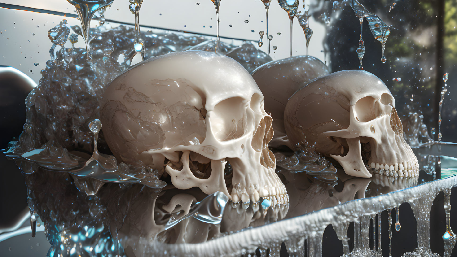 Three human skulls with water splashing, set against blurred background with light reflections