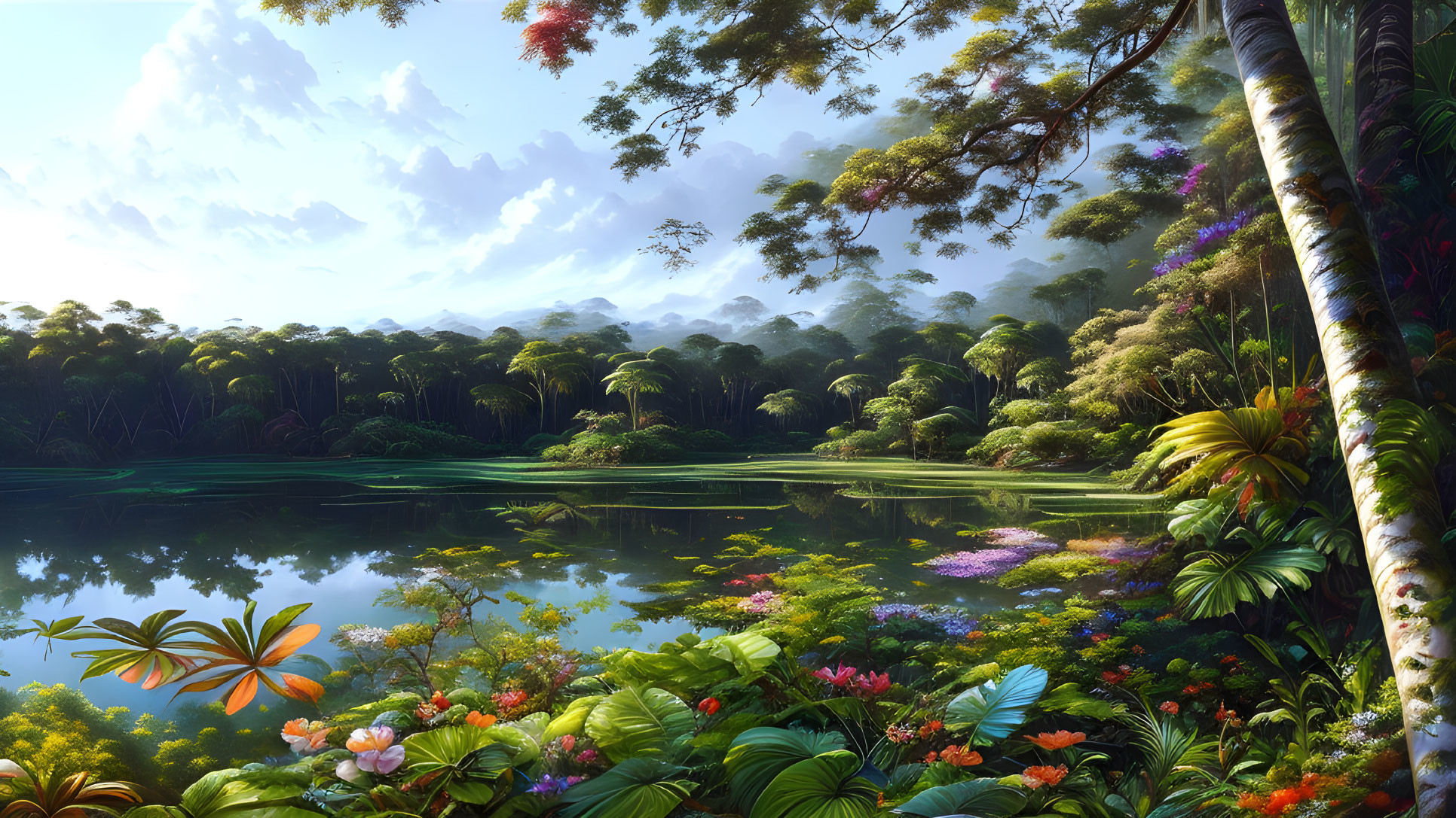 Tranquil jungle lake with vibrant flowers and misty atmosphere